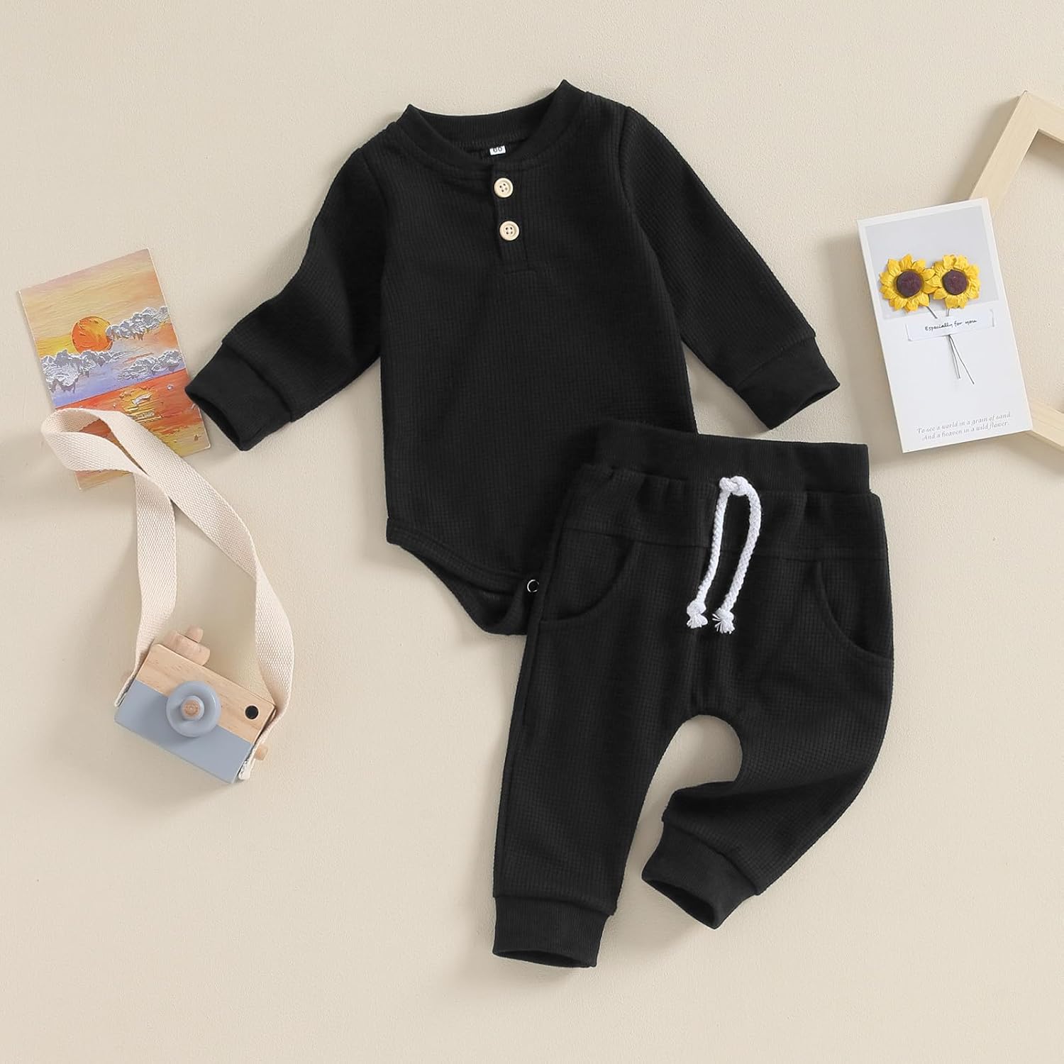 Kuriozud Newborn Baby Boy Clothes Button Long Sleeve Romper Bodysuit Pants Set Infant Soft Waffle Fall Winter Outfit - Image 2