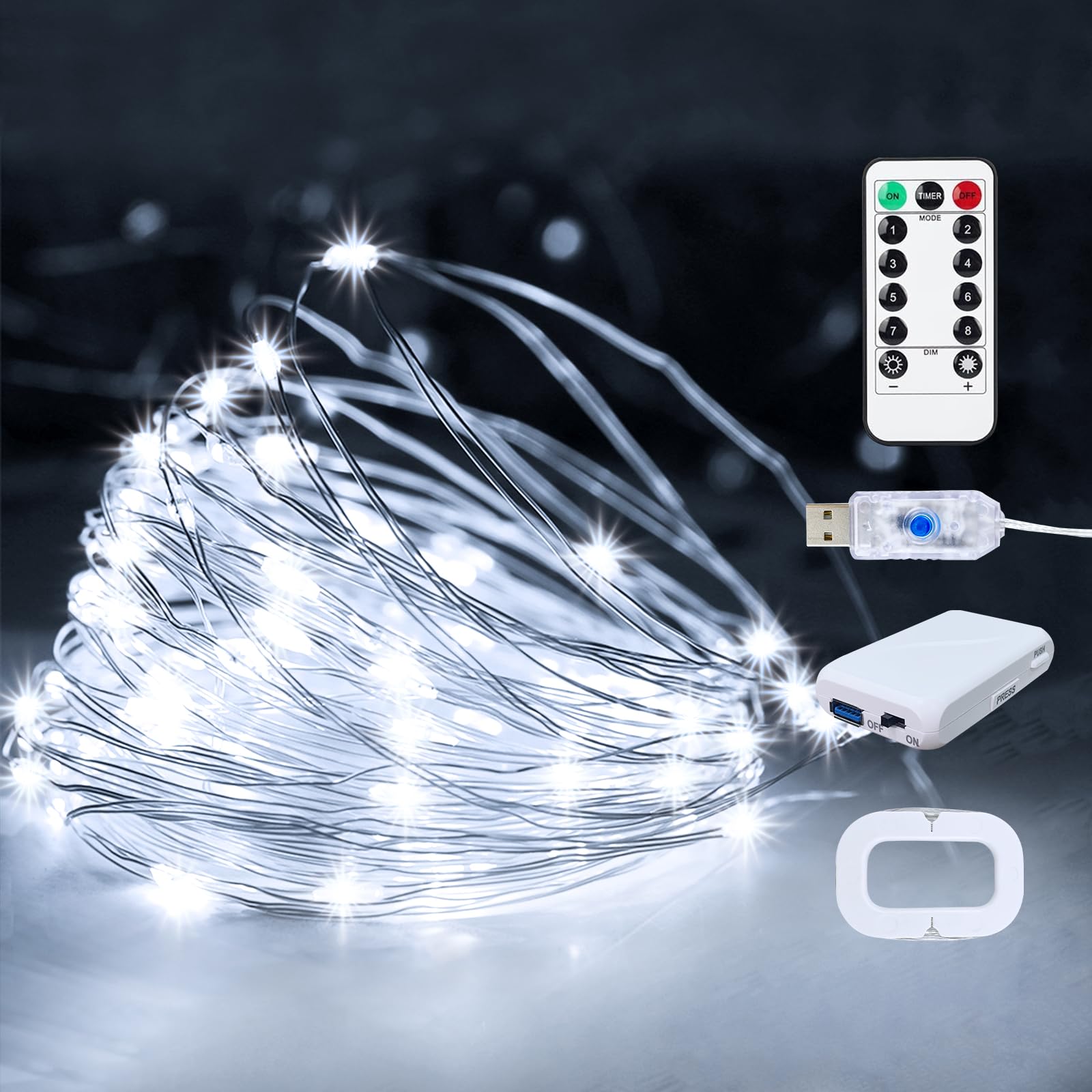 1Pack USB Plug in Fairy String Lights,16ft 50 LED Copper with Remote and Timer, 8 Modes Waterproof Twinkle String Lights Battery Powered for Bedroom