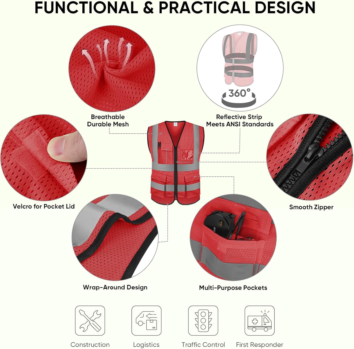  Reflective Safety Vest High Visibility Class II Mesh Vest for Women & Men Meets ANSI Standards thumbnail
