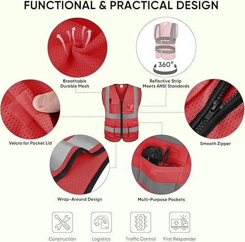 Vista 14 de TICONN Chaleco de seguridad reflectante de alta visibilidad clase II chaleco de malla para mujeres y hombres cumple con las normas ANSI Blanco