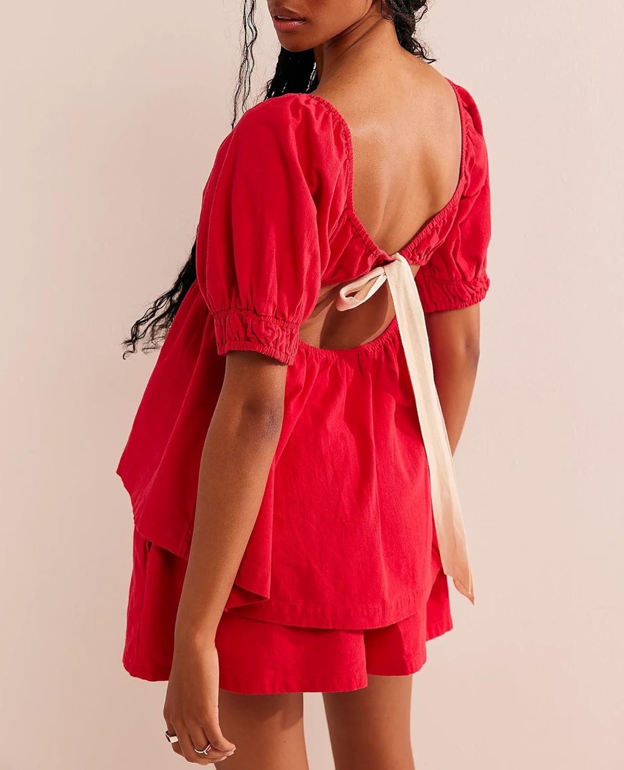 Womens 2 Piece Suit Red Bodysuit Square Neck Puff Sleeve Tie Bow Back Babydoll Tops Summer Beach Casual Shorts Set