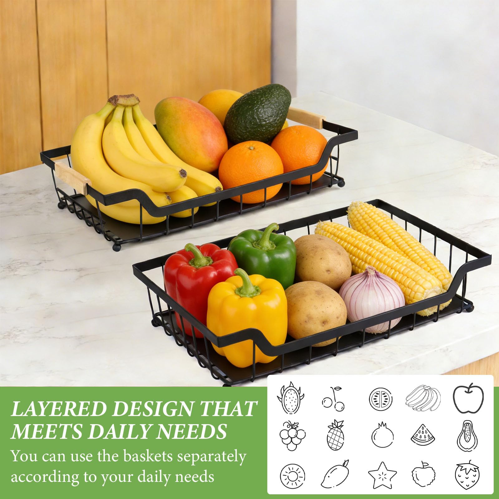 Corbeille à fruits avec 2 crochets bananes pour plan de travail de cuisine, comptoir de légumes, support de rangement, grande capacité, fil métallique, porte-fruits, organisateur pour
