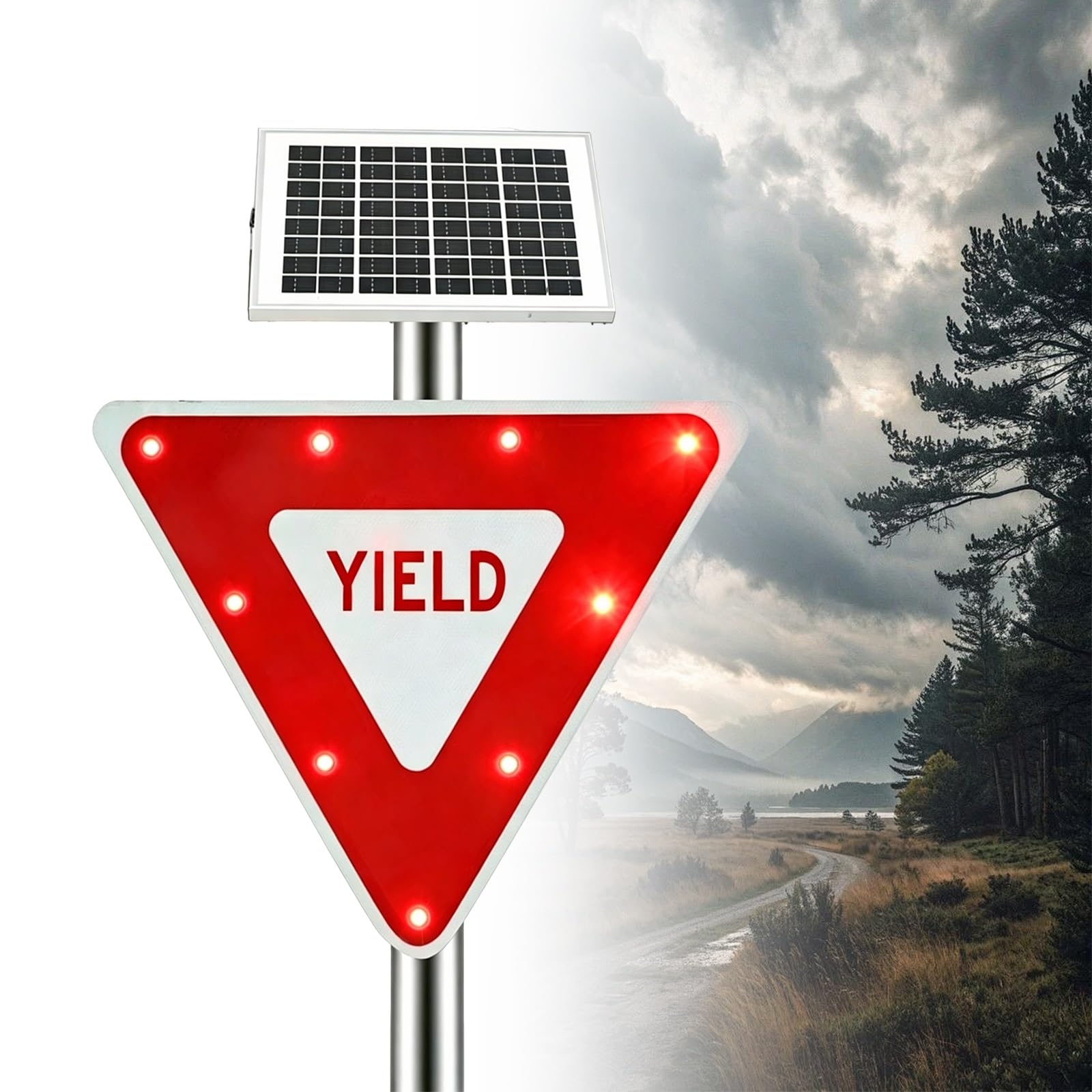 Solar Yield Sign, Solar Powered LED Flashing Yield Sign, Heavy Duty Metal, Reflective Film, with a Flashing Indicator Light, IP65 Waterproof, for Crosswalks,Neighborhoods
