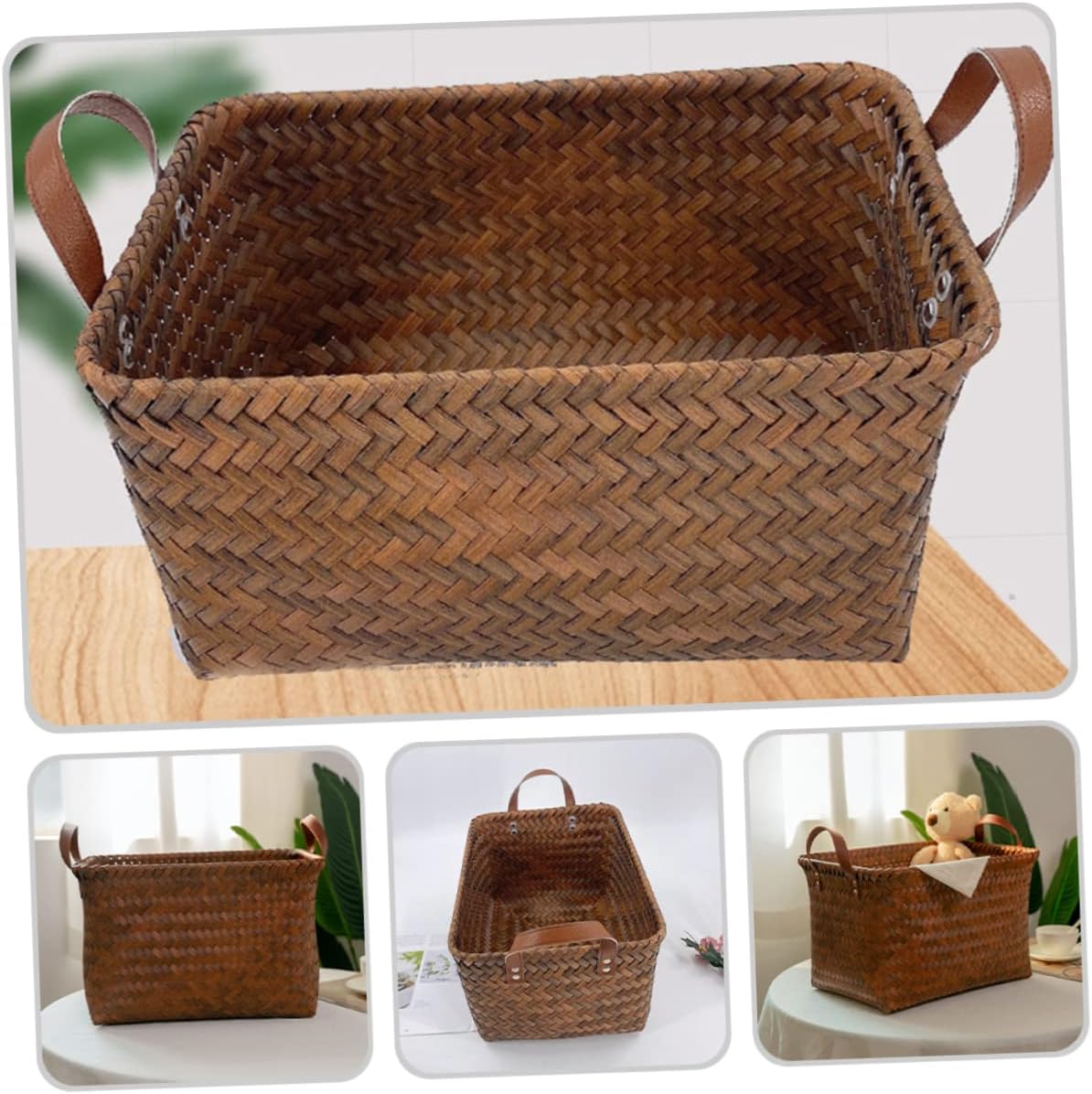 IMIKEYA Multipurpose Woven Storage Basket with Leather Handles Medium Decorative Laundry Hamper for Bathroom Nursery Bedroom and Living Room Capacity Organizer for Clothes and Snacks Easy