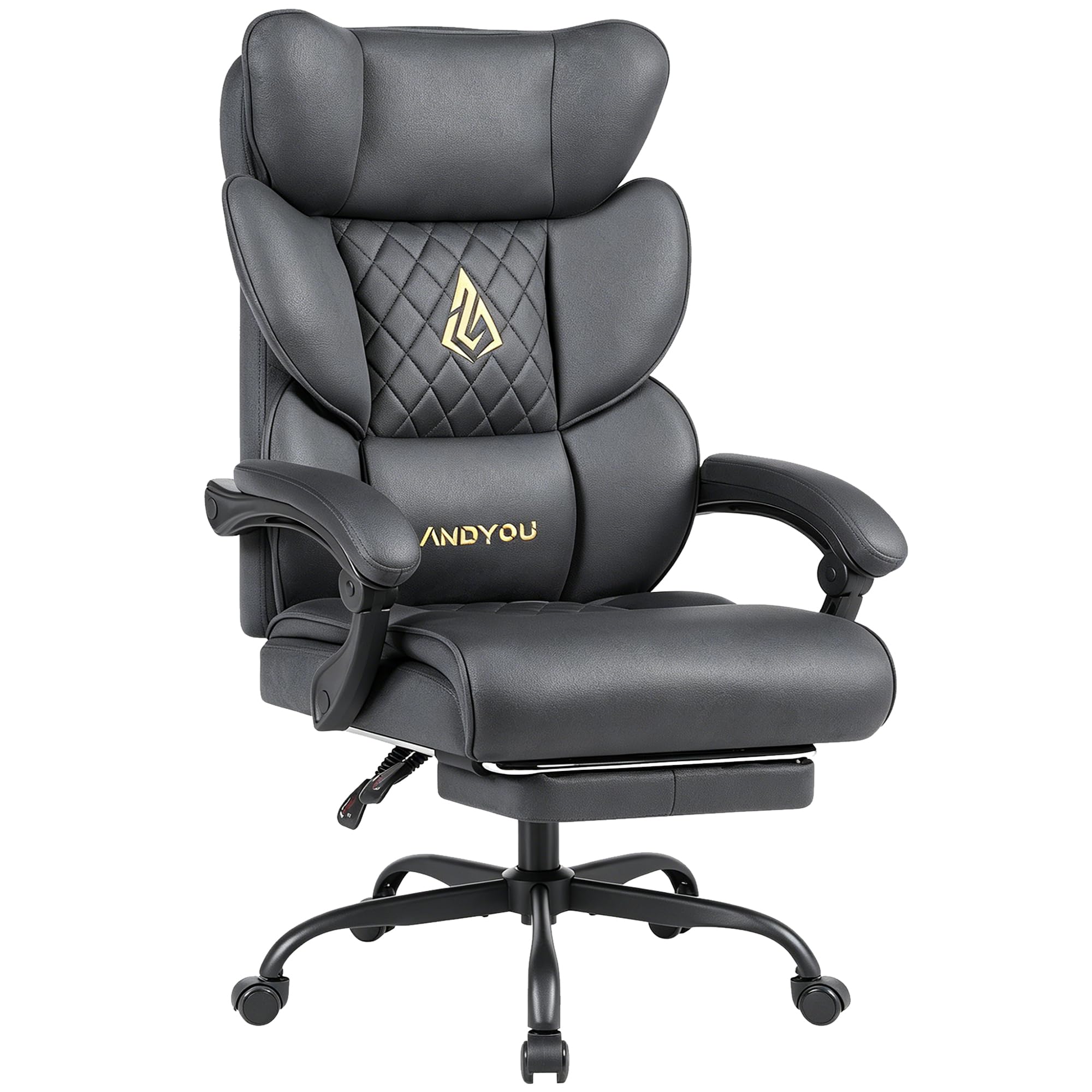 Andyou Gaming Stuhl mit Fußstütze–ergonomischer Bürostuhl, Rückenlehne 90–155°mit verbundenen Armlehnen, Suède-Bezug, Federsitzkissen, Schreibtischstuhl, belastbar bis 150 kg, grau