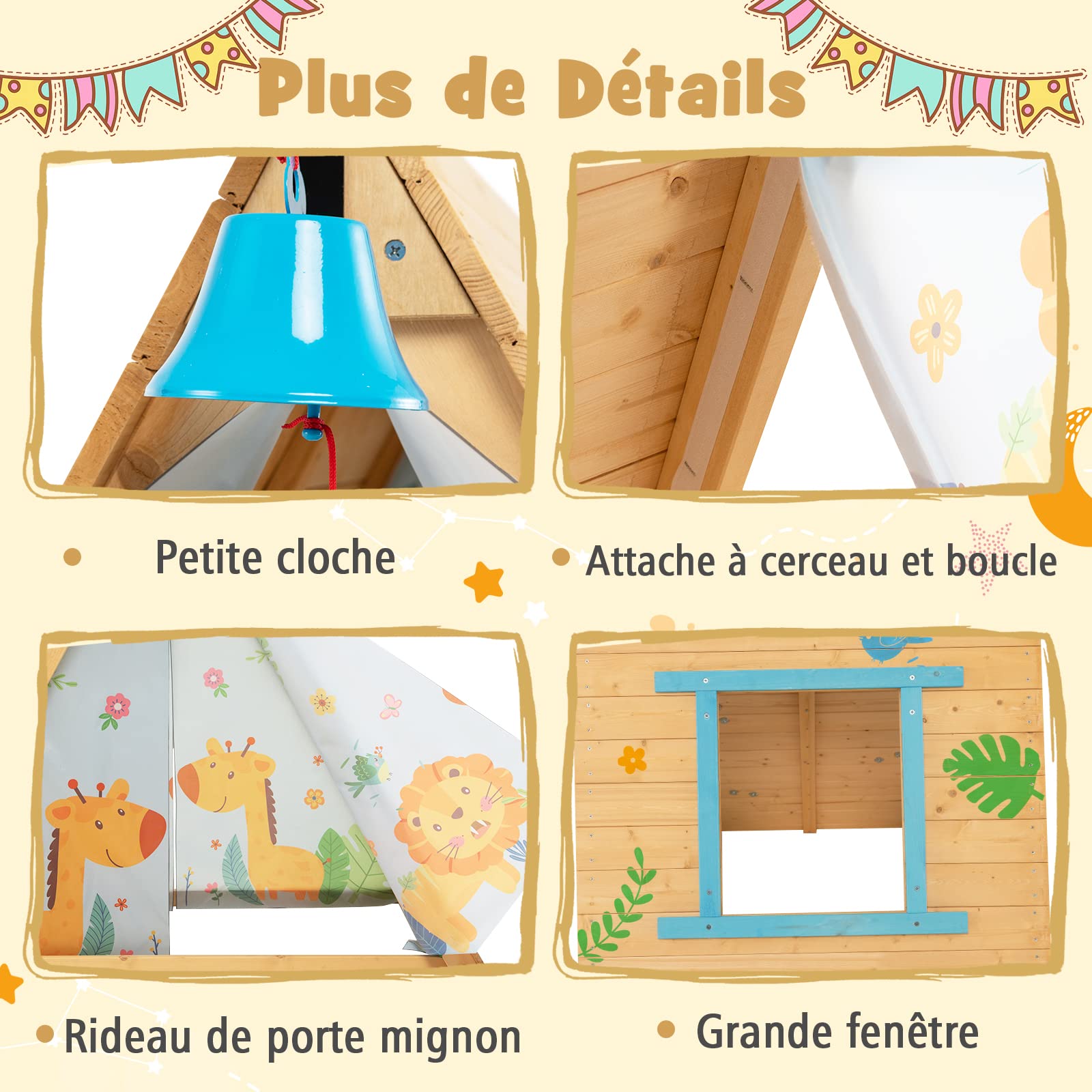 COSTWAY Cabane de Jardin Enfants avec Mur d'escalade, Maison de Jeu 2 en 1 avec Cloche en Bois de Sapin, Exterieur Intérieur, Charge 30KG, Adapté aux 2 Enfants de 3 à 8 Ans, Naturel