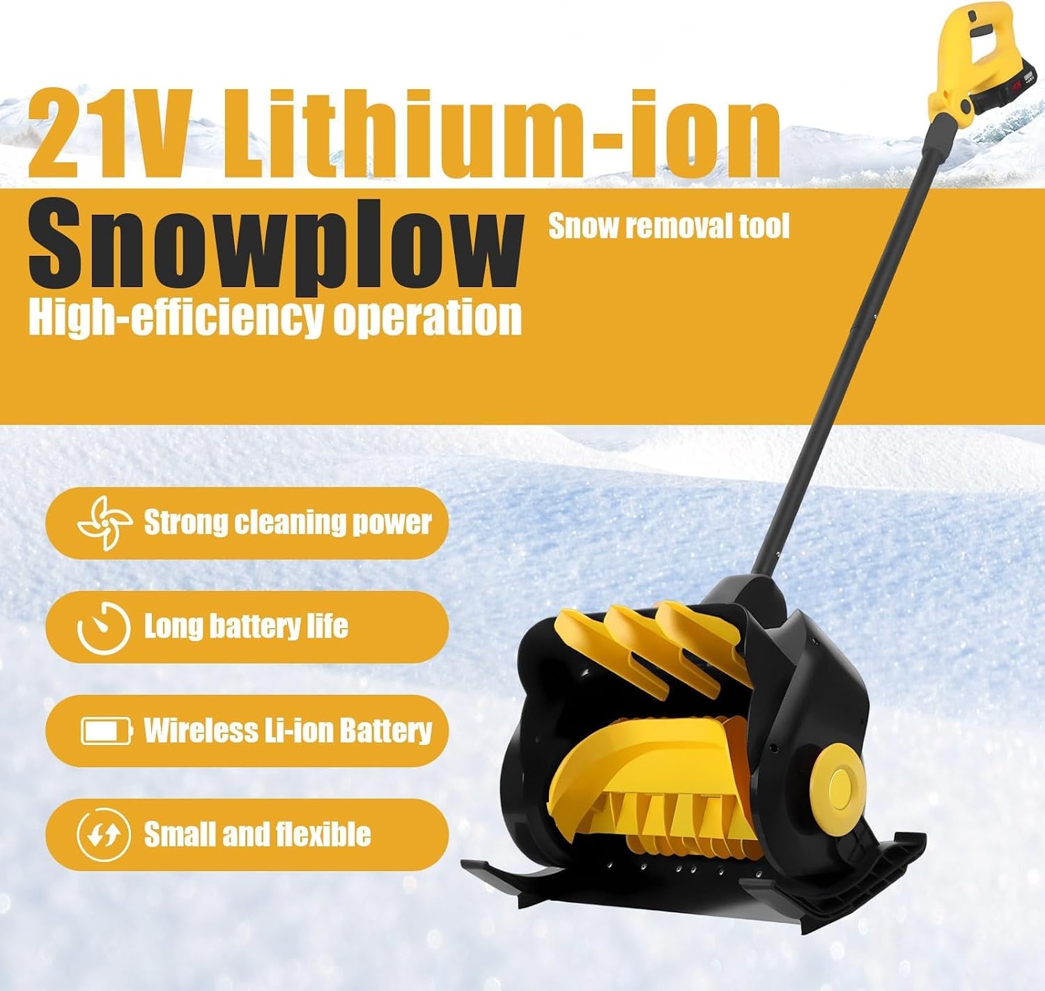 Soplador de Nieve inalámbrico de 21 V, soplador de Nieve eléctrico de 16 Pulgadas, Profundidad de 6 Pulgadas, Alcance de 33 pies, Ajustable, Pala de Nieve Ligera con 2 baterí. (Batteryx2)