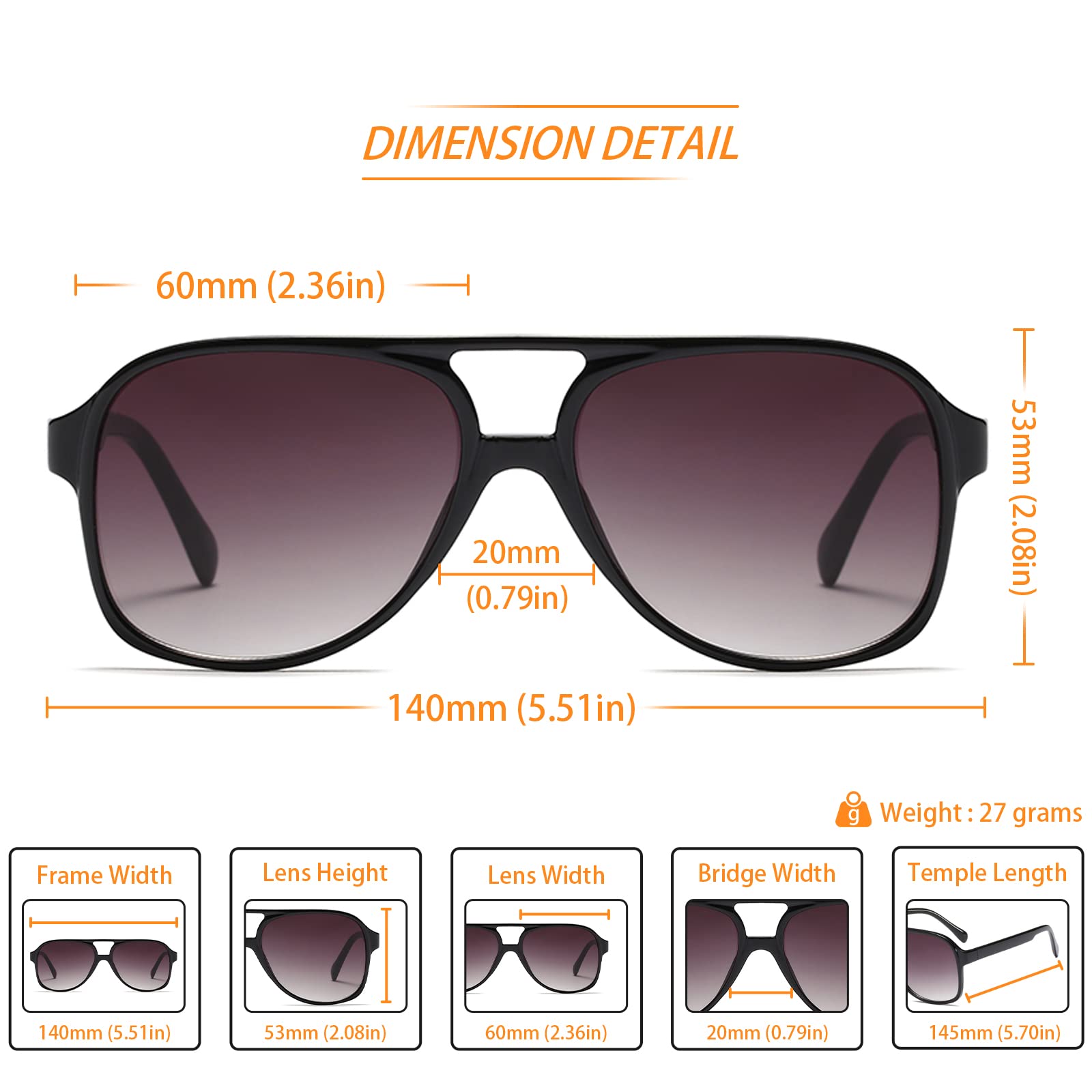 Freckles Mark Vintage Retro 70er Jahre Sonnenbrille für Damen Herren Klassisch Groß Quadrat Pilotenbrille Trendige Brille, Schwarz, Aufmaß