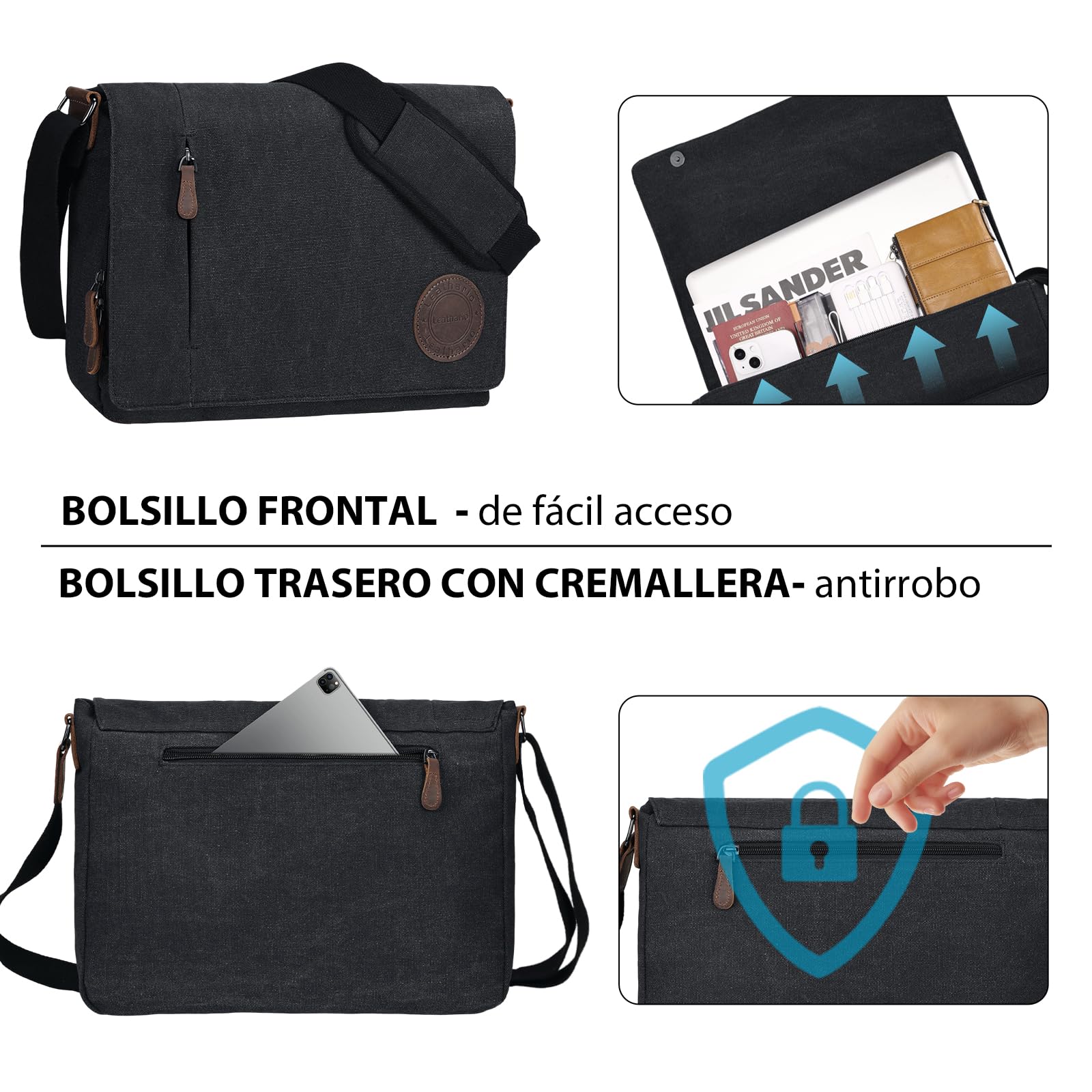 Leathario Bolso Bandolera de Lona y Piel para Hombre, Bolso de Hombro Tela para Uso Diario, Bolso Mensajero para Ocasiones como Viajes, Ferias, Compras, Trabajo y Universidad
