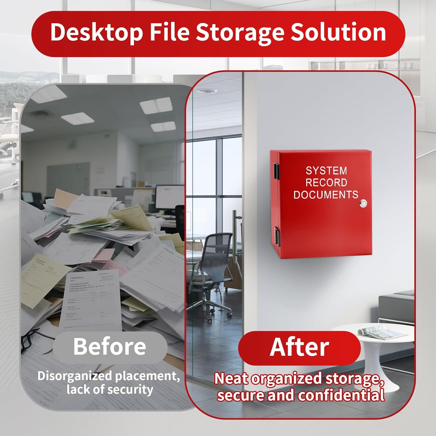 System Record Documents Enclosure, 13.8 X 13.8 Inch Fire Box for Documents, System File Cabinet Locking Document Storage for Office Home with Adjustable Spring Bookends, Red