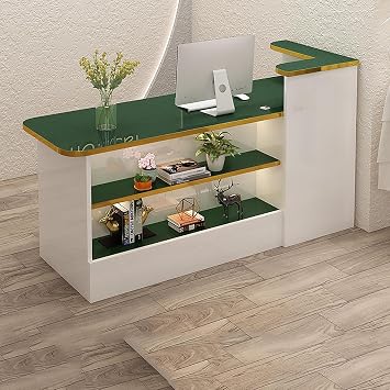 with LED Lights Reception Counter Desk,Modern Reception Desk with Counter,Retail Counter with Display Shelf & Lockable Drawers,Front Desk Reception Room Table,for Salon Lobby Checkout Office