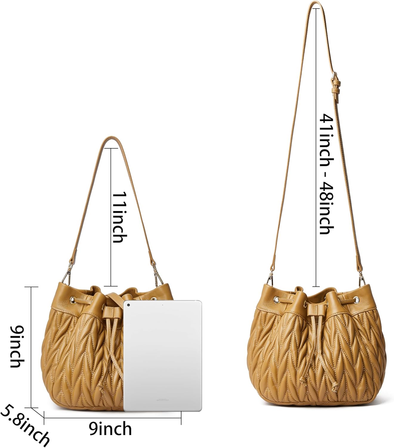 DORIS&JACKY Lambskin Drawstring Bucket Purse For Women Designer Leather Quilted Shoulder Handbags With Two Straps - Image 3