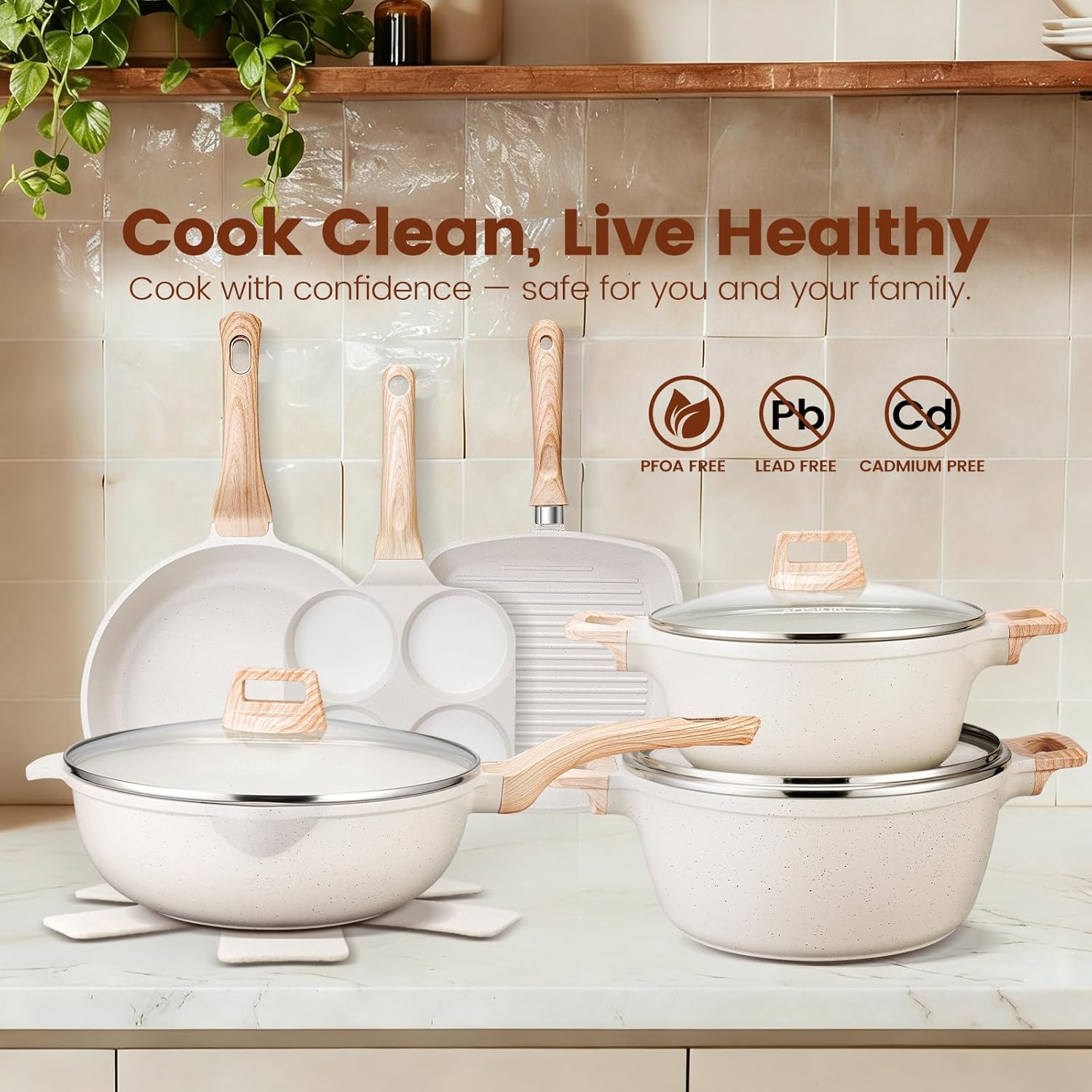 AOSION 27PCS Pots and Pans Set, Nonstick Ceramic Cookware Set, Healthy Kitchen Cooking Set with Gloves, Apron, Silicone Tools & Pot Protectors, Oven & Dishwasher Safe, PFOA/PFOS Free,Ivory - Image 3