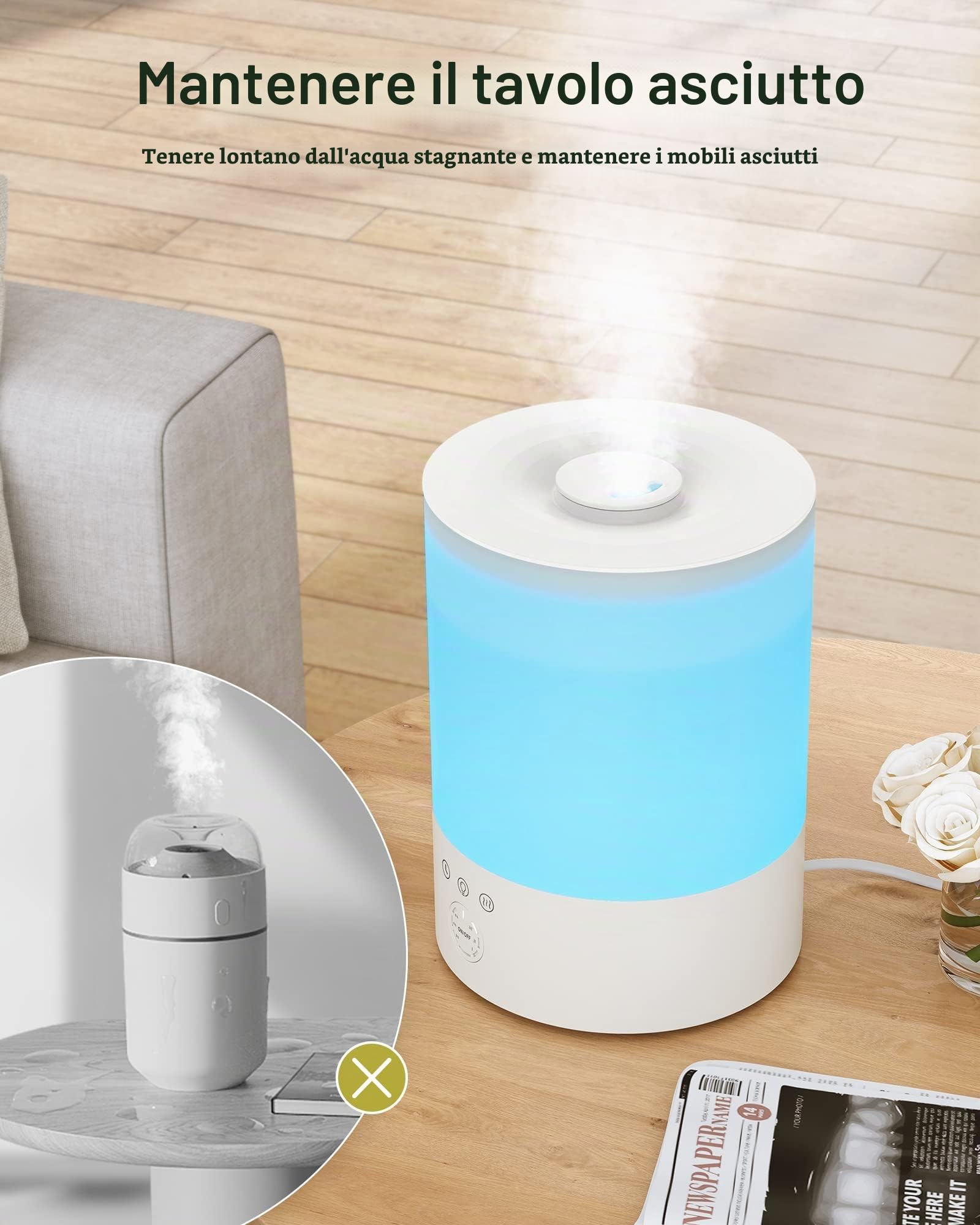 2,5L Umidificatore ad Ultrasuoni Maxcio Nebbia Regolabile Funzione Timer Humidifier Super-Silenzioso 28dB Sicuro per Bambini Umidificatore Piante Arredamente Camera da Letto Adatto a Casa