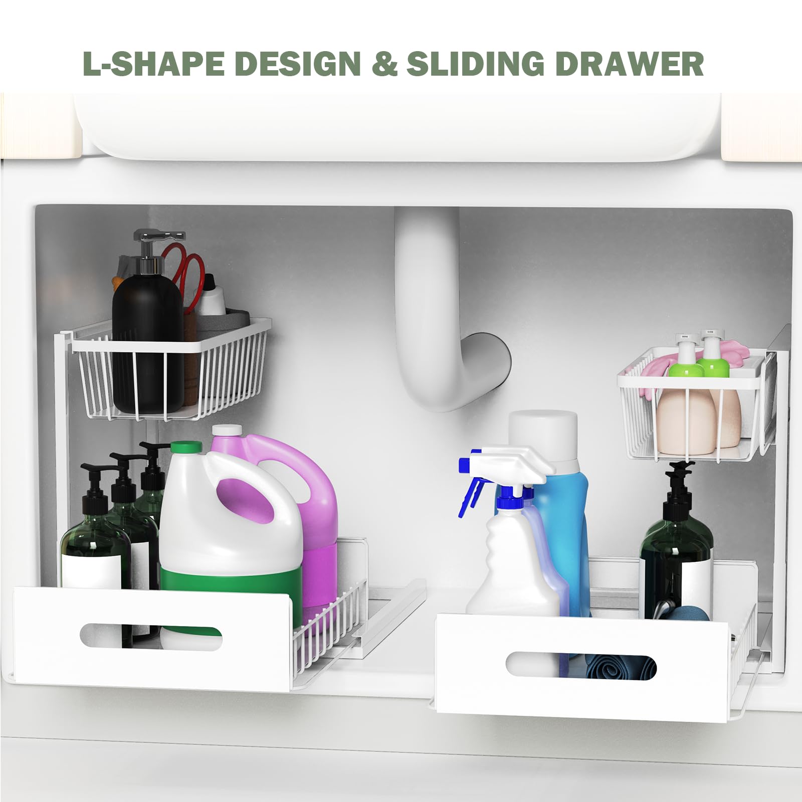 Aoresac Organizador Cocina 2 Paquete Deslizantes 2 Niveles para Debajo del Fregadero, Extraíble Estante Almacenamiento, Forma de L (Blanco)