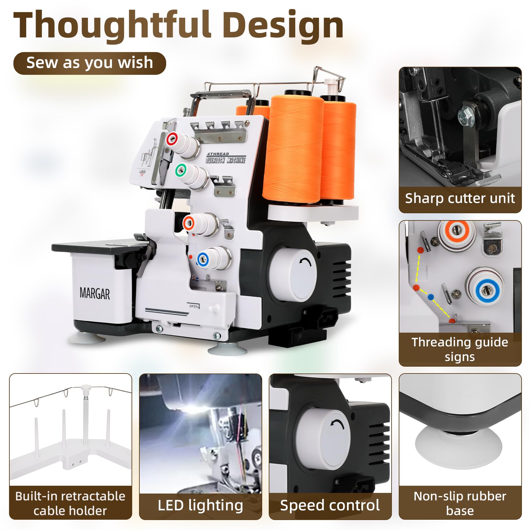 Máquina de coser Serger Overlock 2026 con capacidad de rosca de 3/4, máquina de coser Serger con marco de metal, 1250 puntadas/minuto, 12 patrones de puntada, guía de reenhebrado, controlador de pie