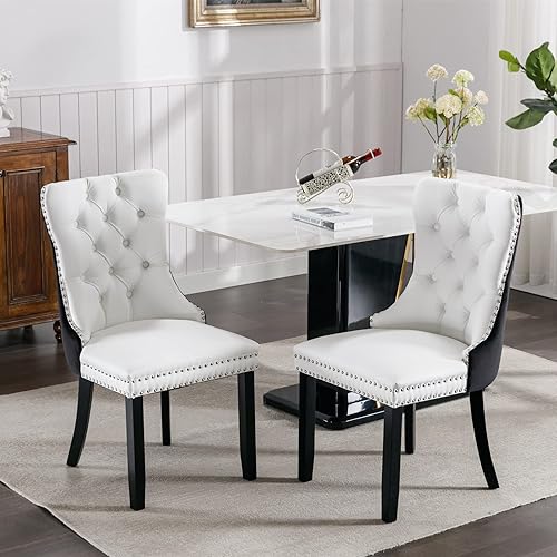 Miniatura 3 de Juego de 2 sillas de comedor vintage de terciopelo con respaldo alto, sillas Parson vintage para sala de estar, comedor (blanco PU + negro) Pu