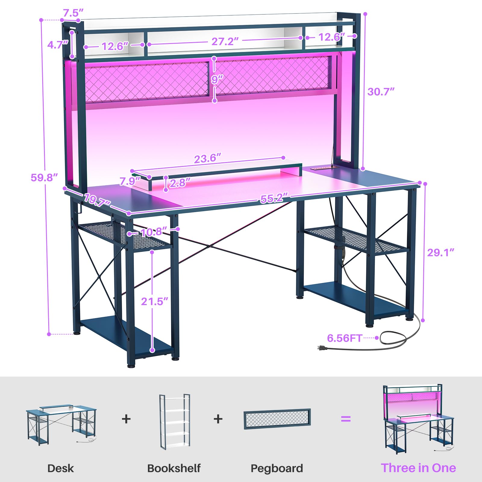 Upgrade Gaming Desk with Hutch, 55.2'' Magic Computer Desk with LED Lights and Outlets, Reversible Workstation Desk with Pegboard and Monitor Stand, Gamer Desk PC Table, White and Blue