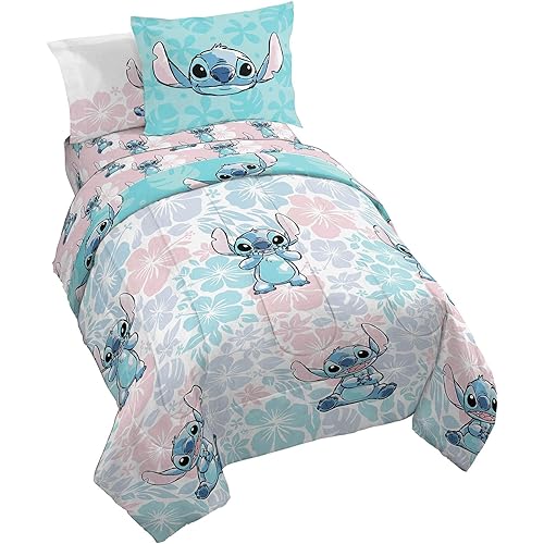 Jay Franco Disney Lilo & Stitch Twin Comforter Set - 5 Piece Bedding Includes Sheet Set & Pillow Covers - Super Soft Kids Floral Bedding