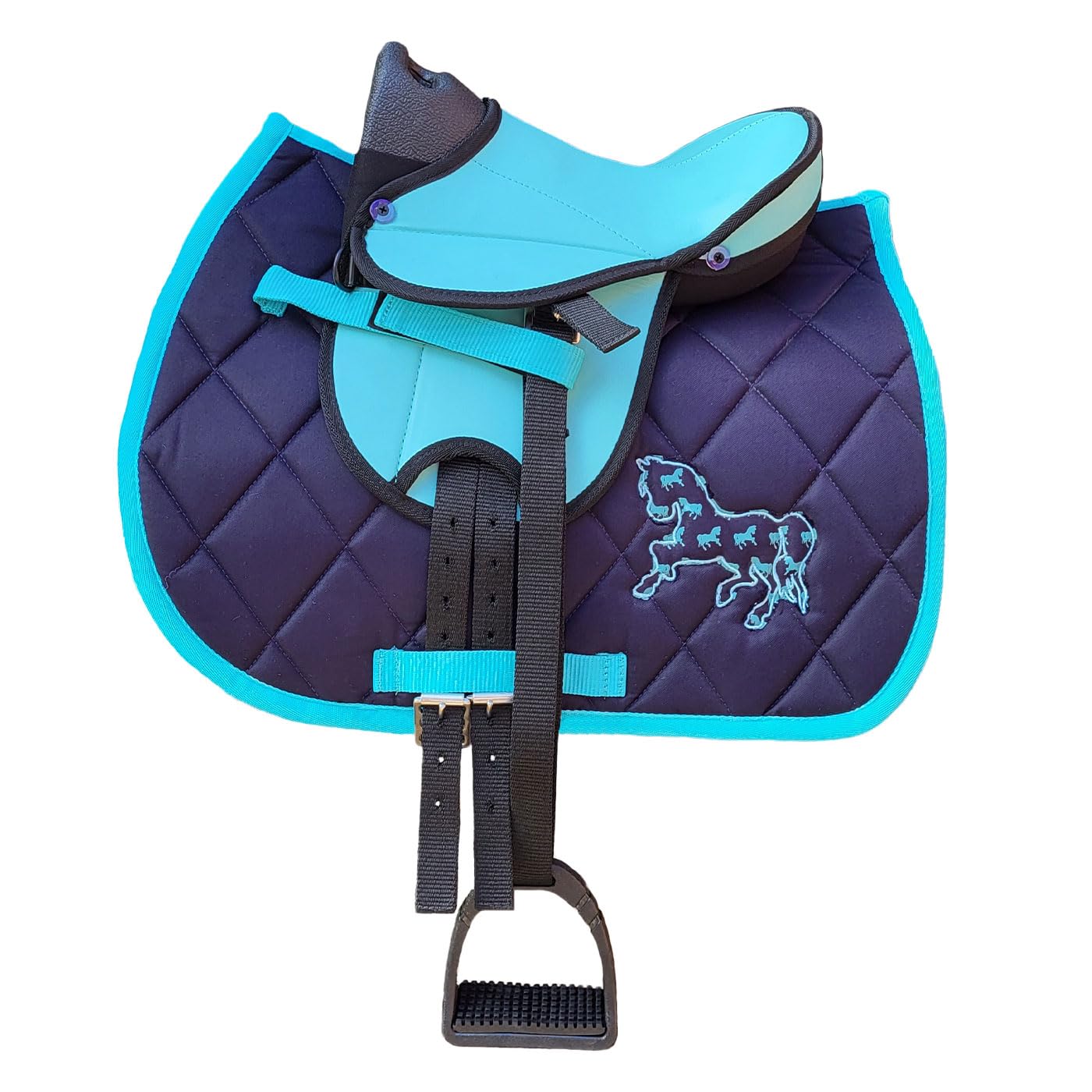 Brama West Kinder Shetty Sattel Set „Pony Fun“ | Sattel für Shetty Pony Holzpferd | mit Satteldecke, Sattelgurt, Steigbügel & Steigbügelriemen | Türkis Edition
