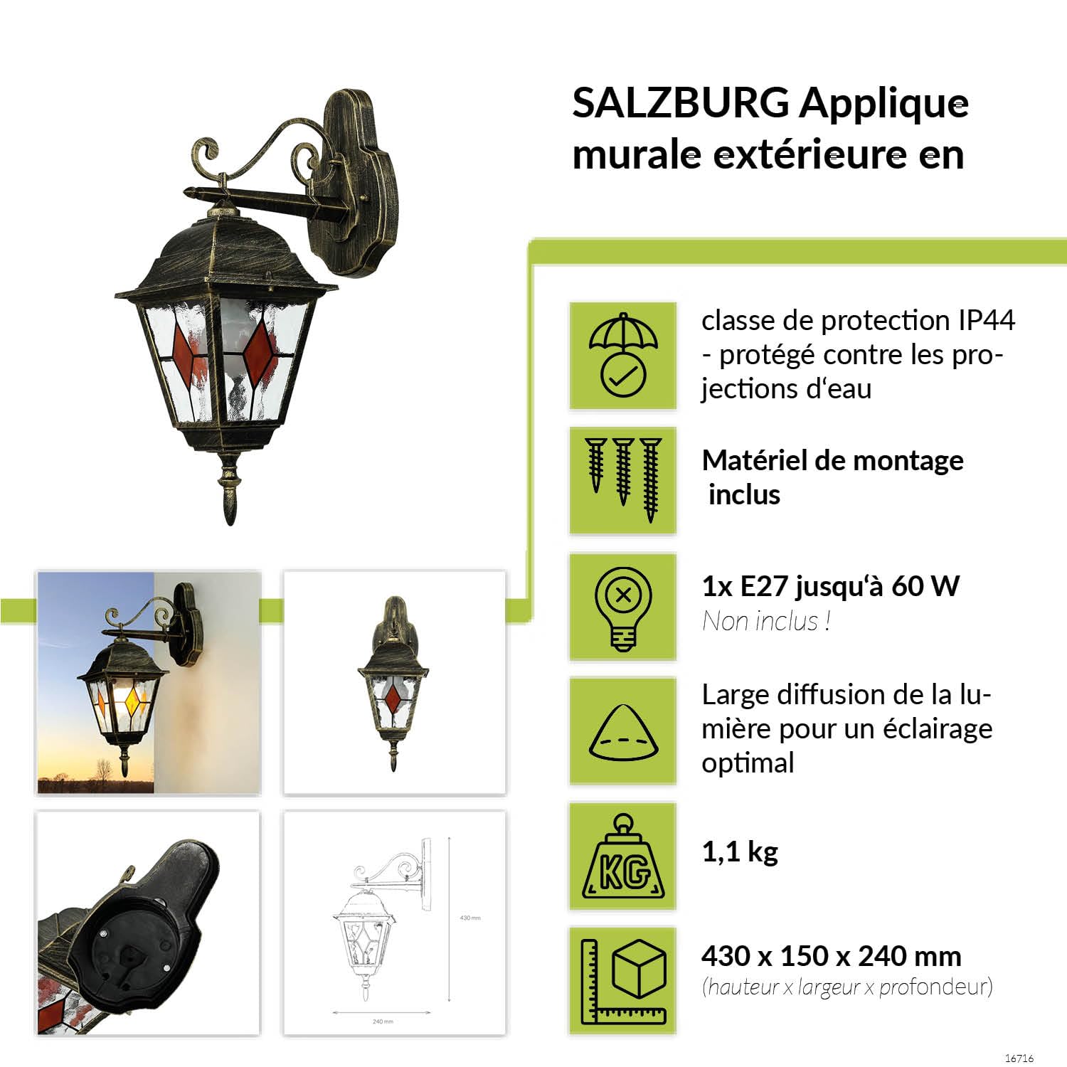 Applique murale en forme de lanterne en aluminium et verre couleur or antique, IP44, pour terrasse et balcon, T:24 cm, E27, SALZBURG
