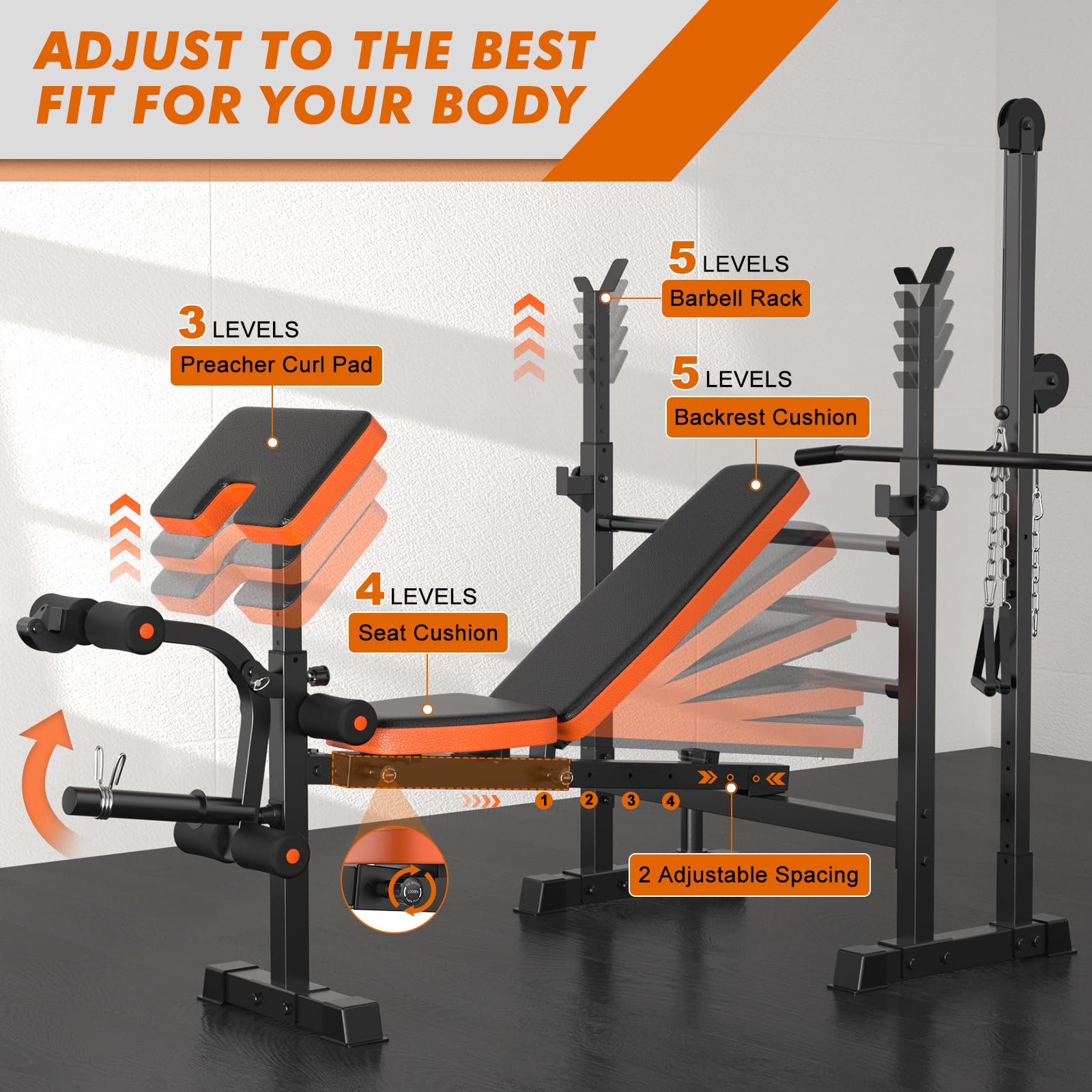 Bench Press Set, 880LBS Adjustable Weight Bench with Leg Extension and Preacher Curl Pad, 8 IN 1 Multi-Function Gym Bench with LAT Pulldown Pulley System, Full-Body Workout Home Gym Equipment