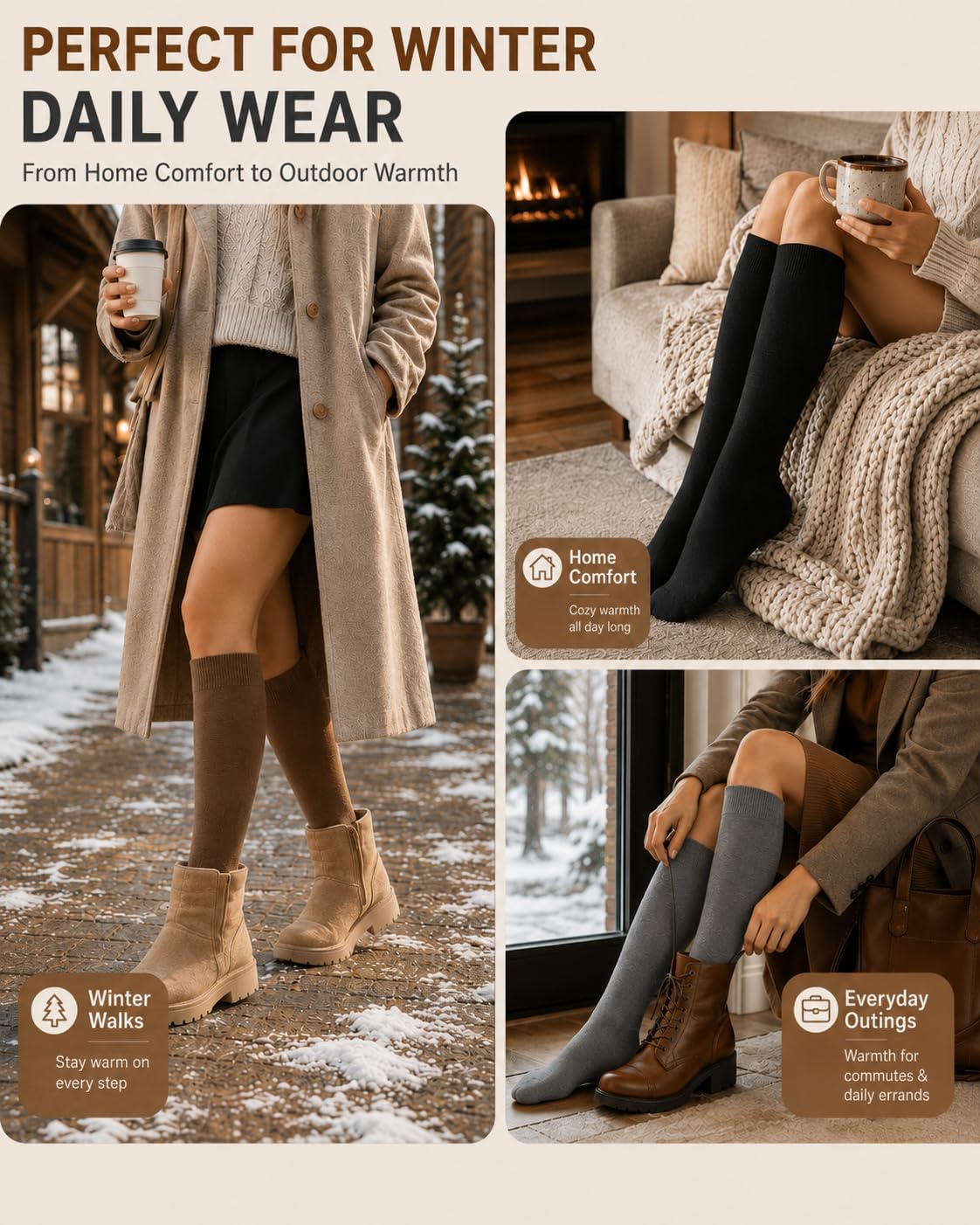 Aoliks Chaussettes hautes chaudes pour femme, chaussettes thermiques en coton pour la randonnée, le ski, cadeaux d'hiver