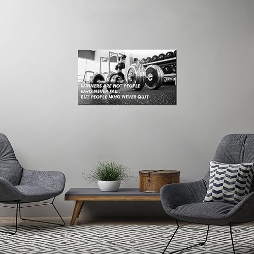 Miniatura 3 de SkenoArt Gimnasio motivacional arte de pared ganadores son aquellos que nunca renuncian decoración de pared con mancuernas en blanco y negro, lienzo