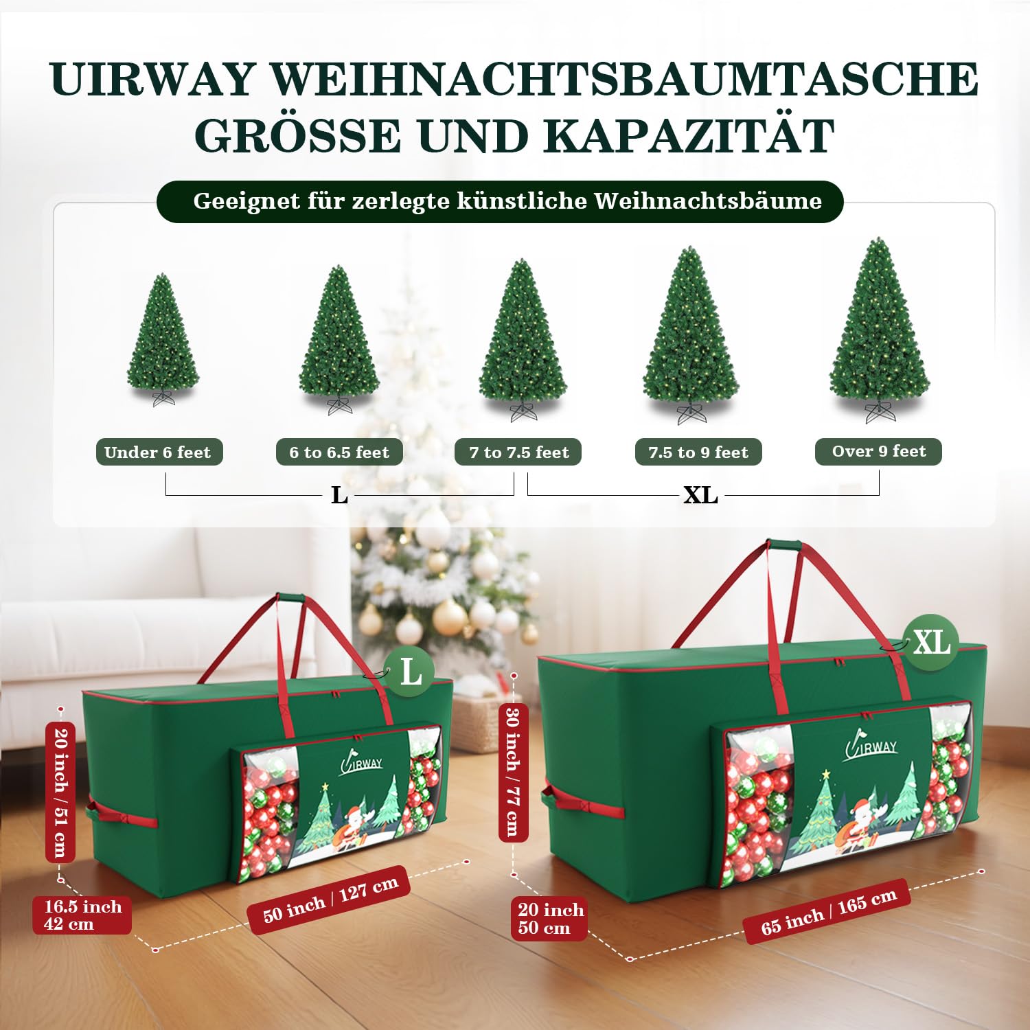 UIRWAY Weihnachtsbaum Aufbewahrung für 230cm Weihnachtsbaum, 600D Oxford Tannenbaum Tasche mit Transparente Fronttasche und Seitentasche, Stabilen Griffen und Doppeltem Reißverschluss (Grün)