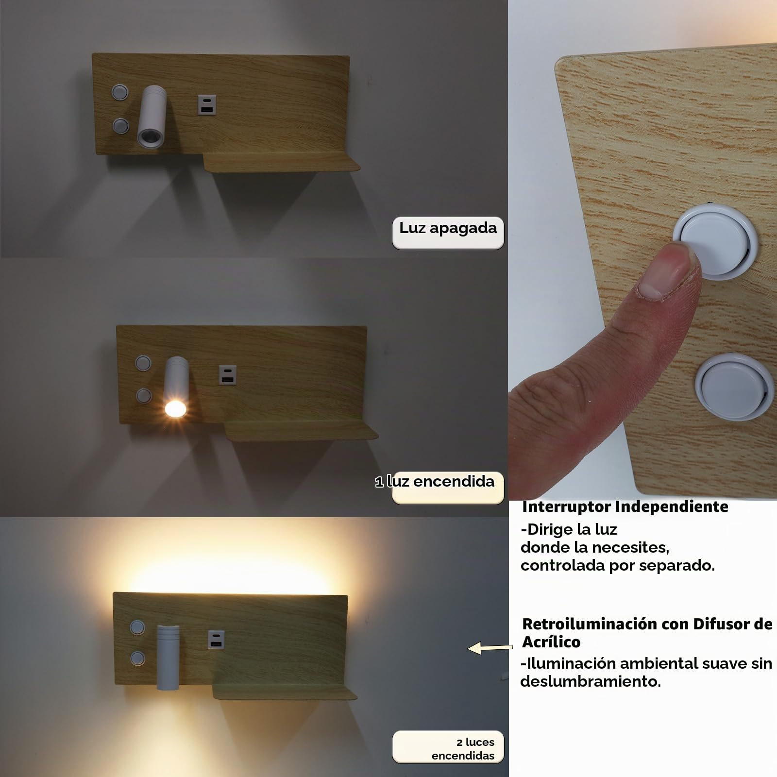 Alpinaluz Aplique LED de Pared con Luz de Lectura Orientable y Ambiental 2700K, Interruptor Dual, Doble Puerto de Carga USB, Repisa, Metal con Efecto Madera Beige Claro, Foco