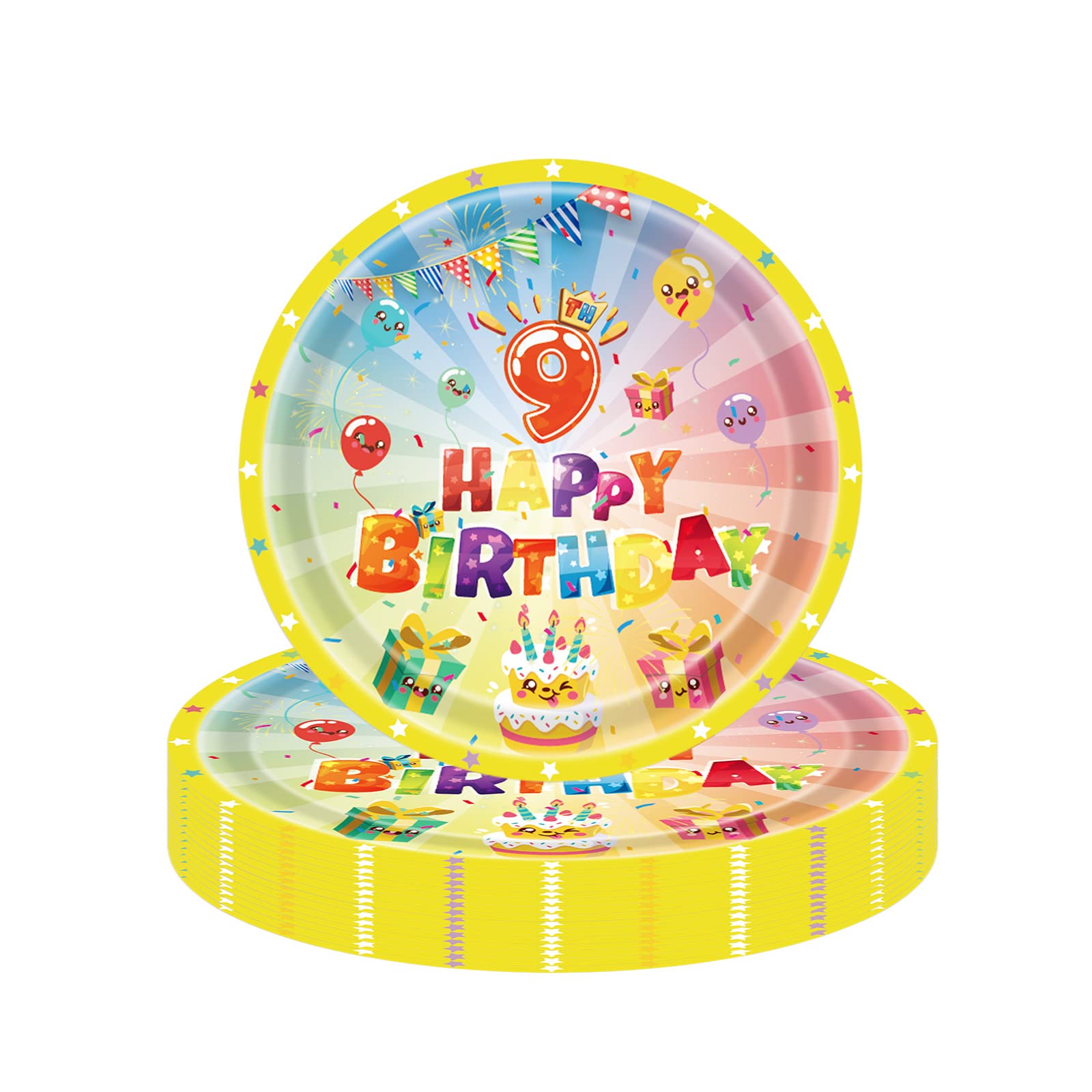 16Pcs 9th Birthday Paper Plates 9", Colorful Tableware Party Plate Disposable, Happy Birthday Table Decorations Luncheon Plate for Girls, Boys, Kids Party Decorations