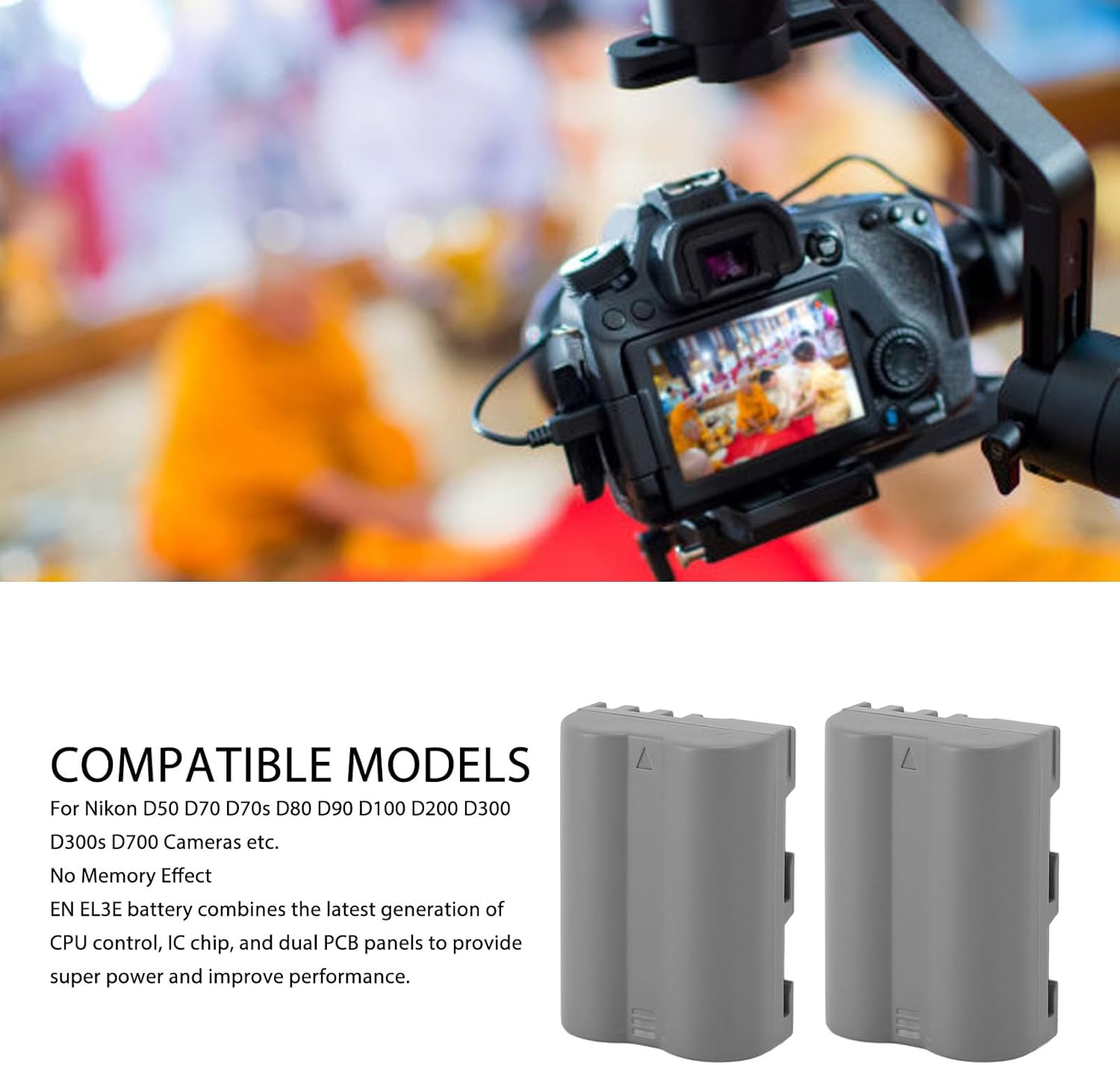 Text 'COMPATIBLE MODELS' with a camera and two Jectse EN-EL3E batteries