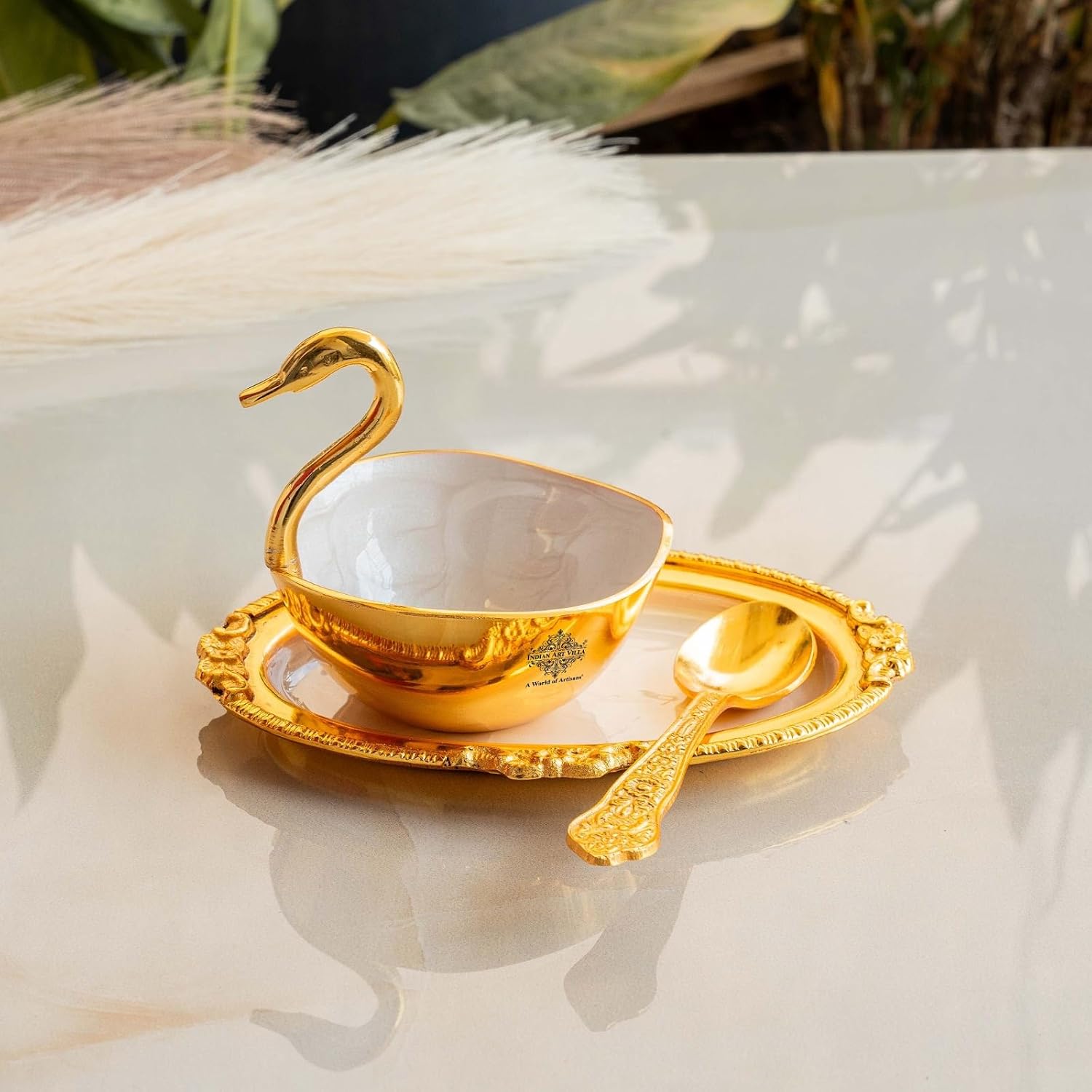Indian Art Villa Ceramic Finish Gold Polished Duck Design Bowl with 1 Spoon & 1 Tray Platter, Decorative Gift Item Tableware Serveware, 3 Pieces, Golden