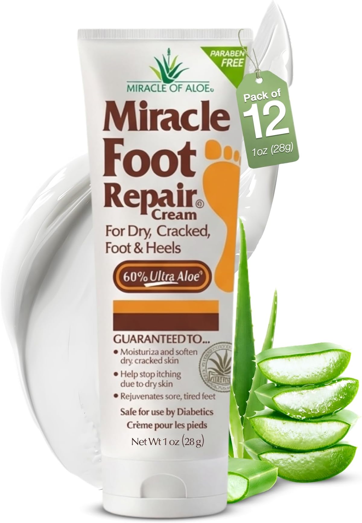 Miracle of Aloe Foot Repair Cream (1 oz / 12 Pack) Repairs Dry Cracked Heels and Feet, Diabetic-Safe, 60% Pure Ultra Moisturizes, Softens, and Repairs, Relief for Ingrown Toenails