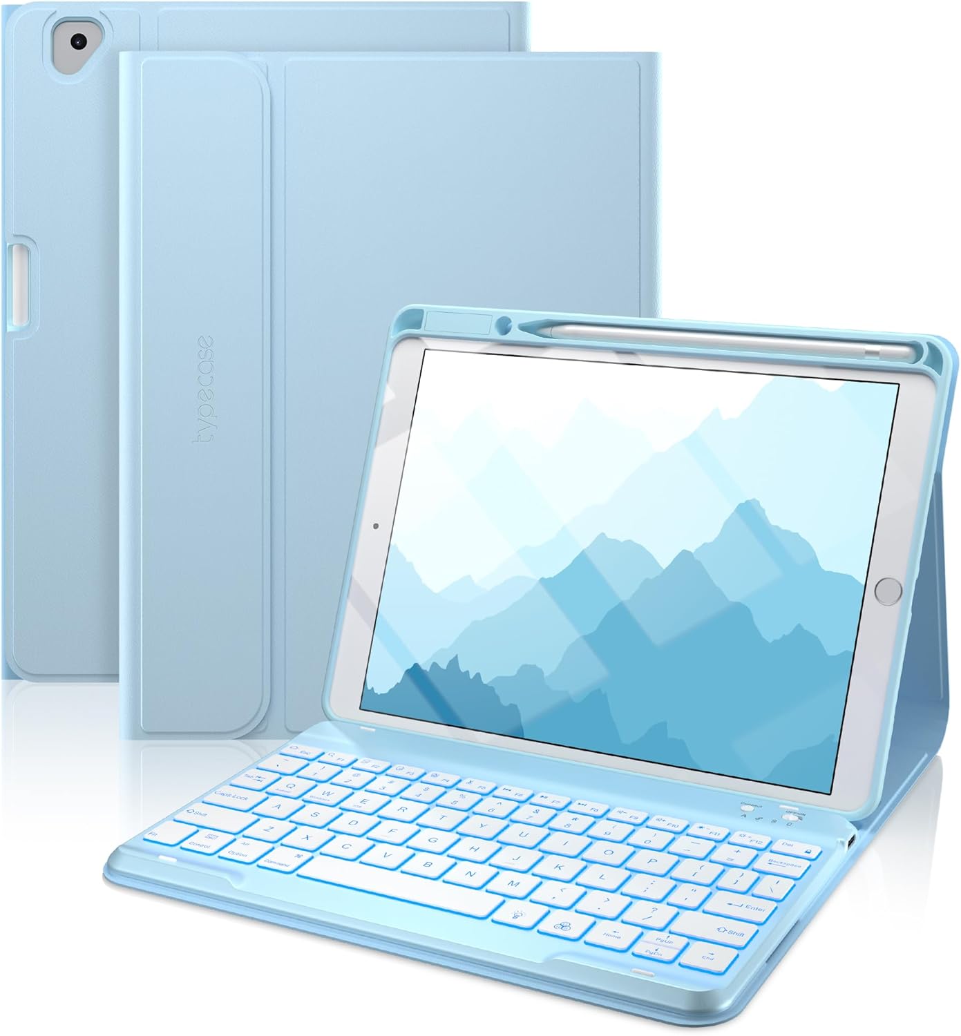 typecase Folio iPad 9th Generation Case with Keyboard 10.2 Inch - Backlit Detachable Slim Cover with Pencil Holder, Compatible with iPad 8th/7th Gen, Pro 10.5, Air 3rd Gen (Sky Blue)