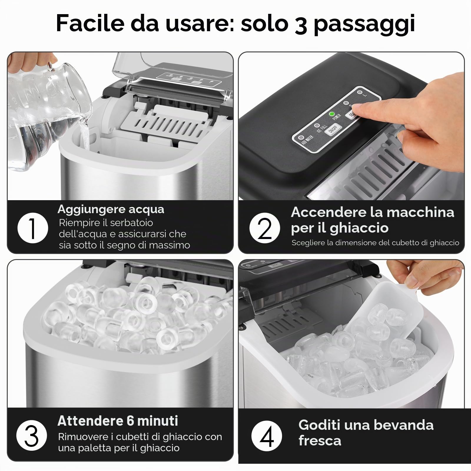 Macchina Ghiaccio, 12 kg/24h, 9 Cubetti di Ghiaccio in 6 Minuti, 2 Dimensioni di Ghiaccio, Silenzioso, Macchina del Ghiaccio con Maniglia, Macchina per il Ghiaccio Autopulente per Cucina/Ufficio/Bar