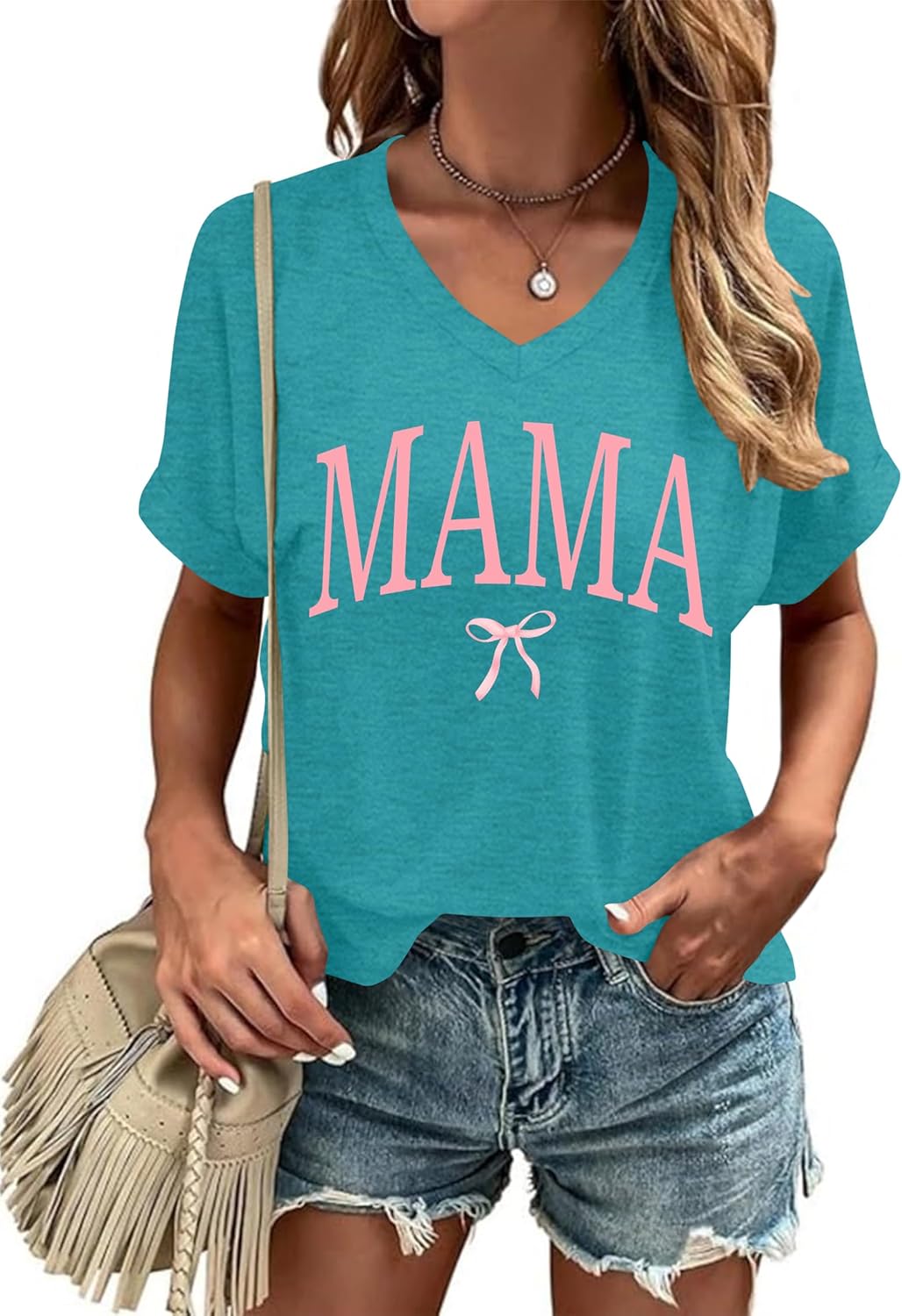 VVNTY Womens Mama Shirt: Mama Letter Print T-Shirt Pink Bow Mom Life Tee V Neck Graphic Tee Tops