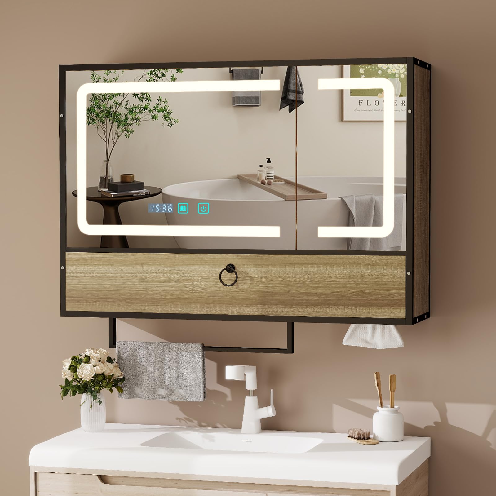 YU YUSING Armoire Salle de Bain LED Anti-Buée avec Porte-Serviettes 80x60cm