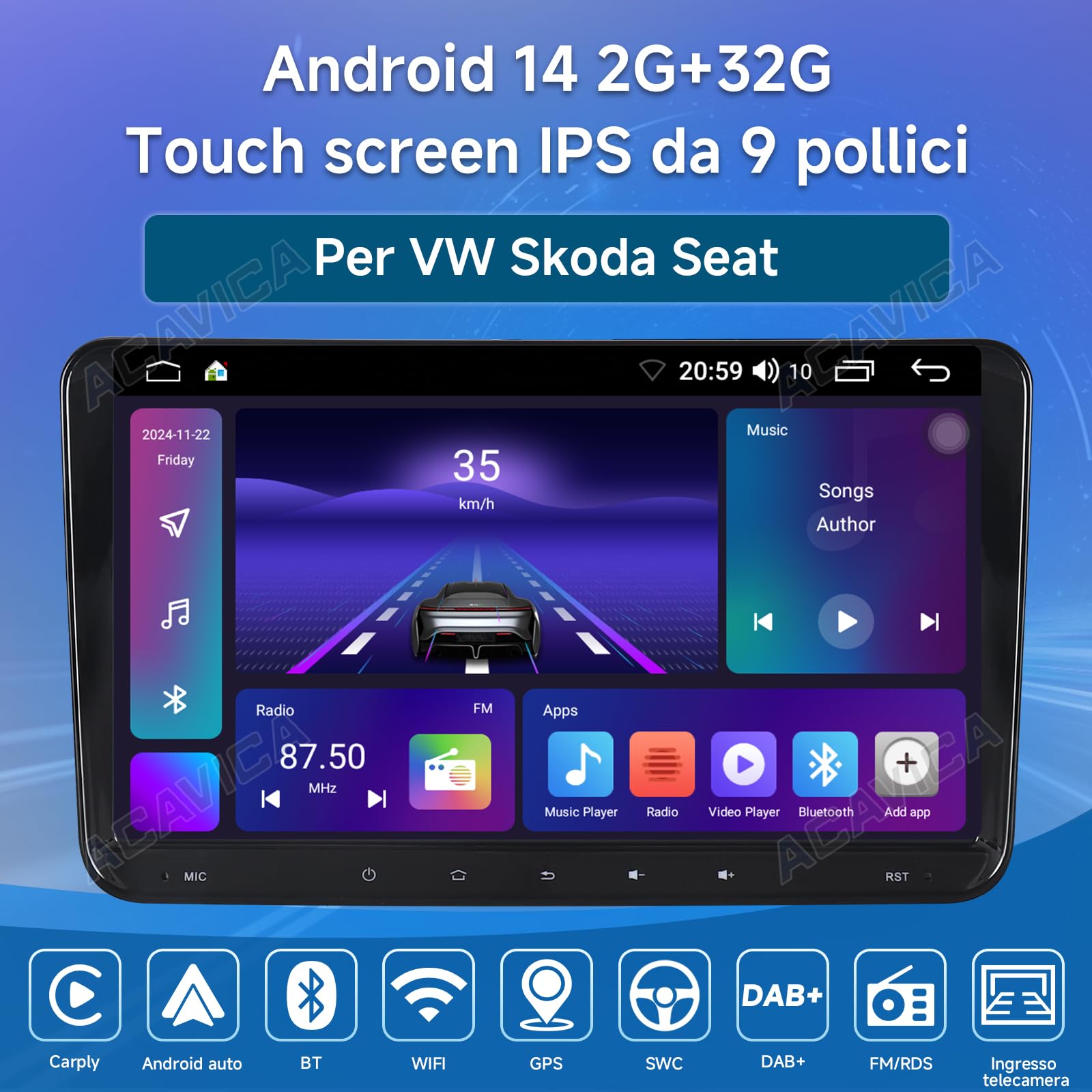 ACAVICA Autoradio Android 14 con CarPlay e Android Auto - Schermo IPS HD 9" - Compatibile con VW Golf 5 6 Passat B6 B7 Polo Tiguan Touran EOS Scirocco - Navigazione GPS WiFi Bluetooth USB Touch