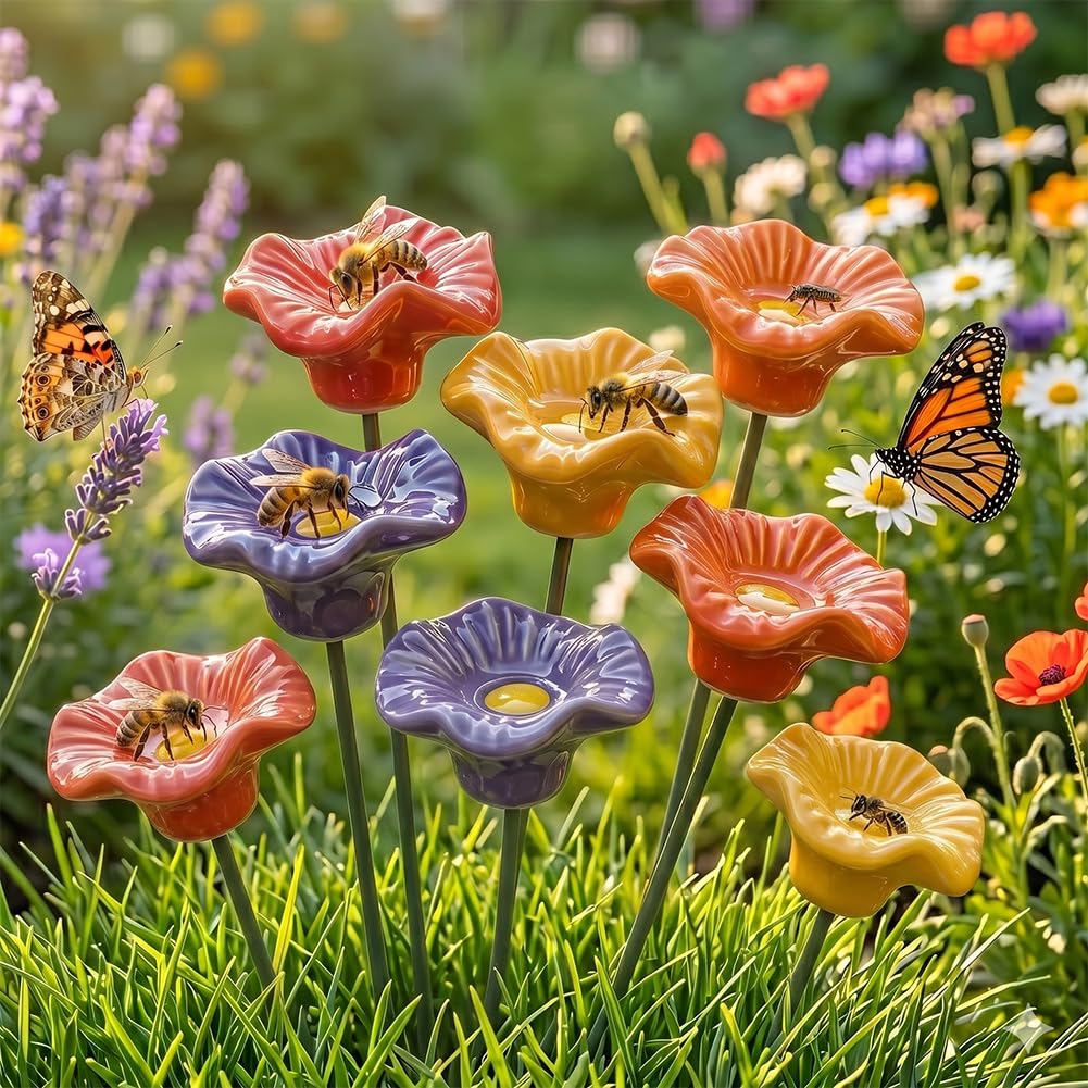 Keramikblüten für Bienen 4/8er-Set, Handgemachte Bienentränke Keramik, Wetterfest & Glasiert Bienentränke Blume, Insektentränke für Beet, Balkon, Terrasse, Fensterbank oder Blumentopf (4)