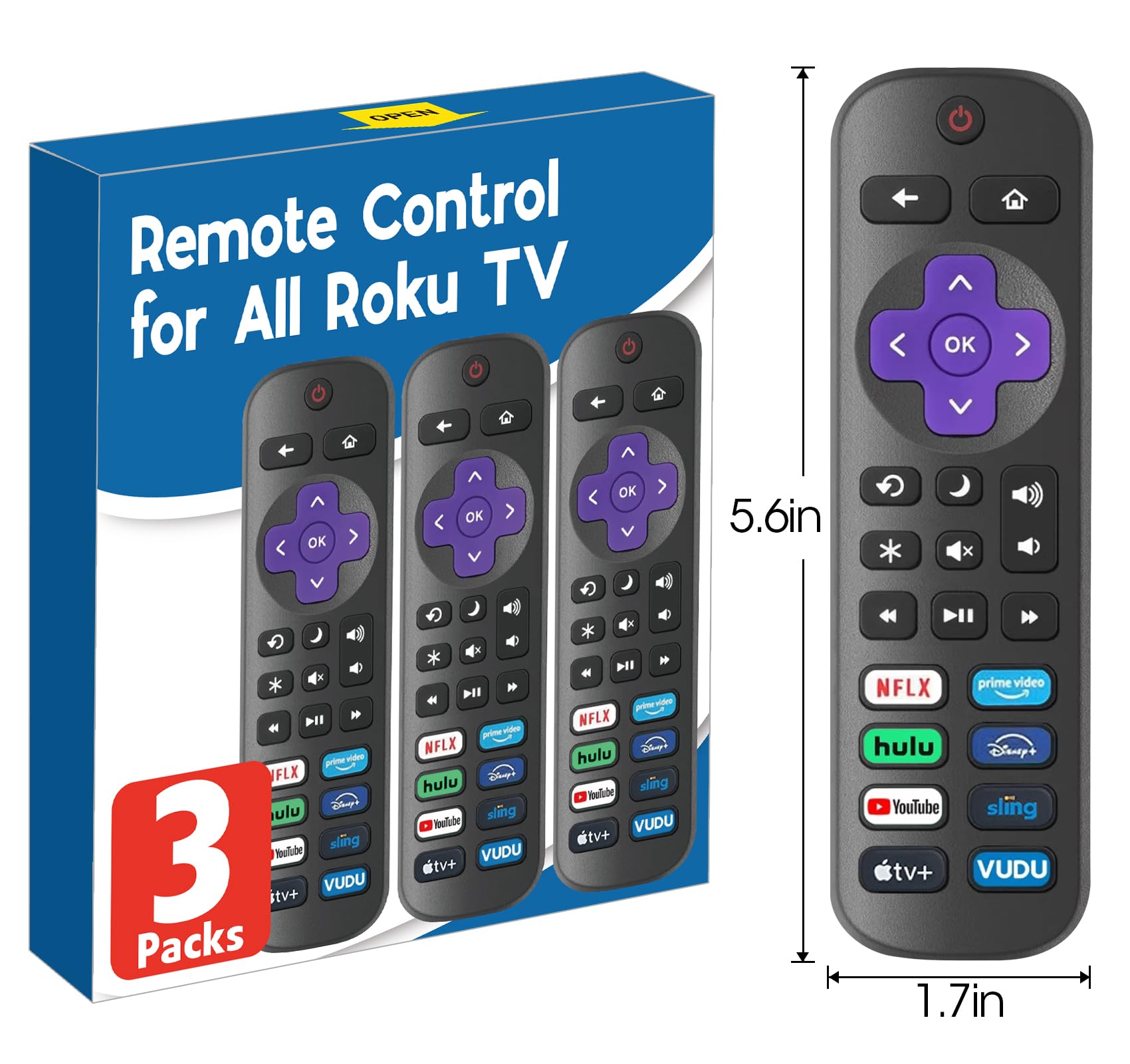 Lot de 3 télécommandes de rechange pour TV Roku, compatibles avec TCL Roku/Hisense Roku/Onn Roku/Sharp Roku/Philips Roku/Element Roku/Westinghouse Roku (ne convient pas pour Roku Stick, Box ou