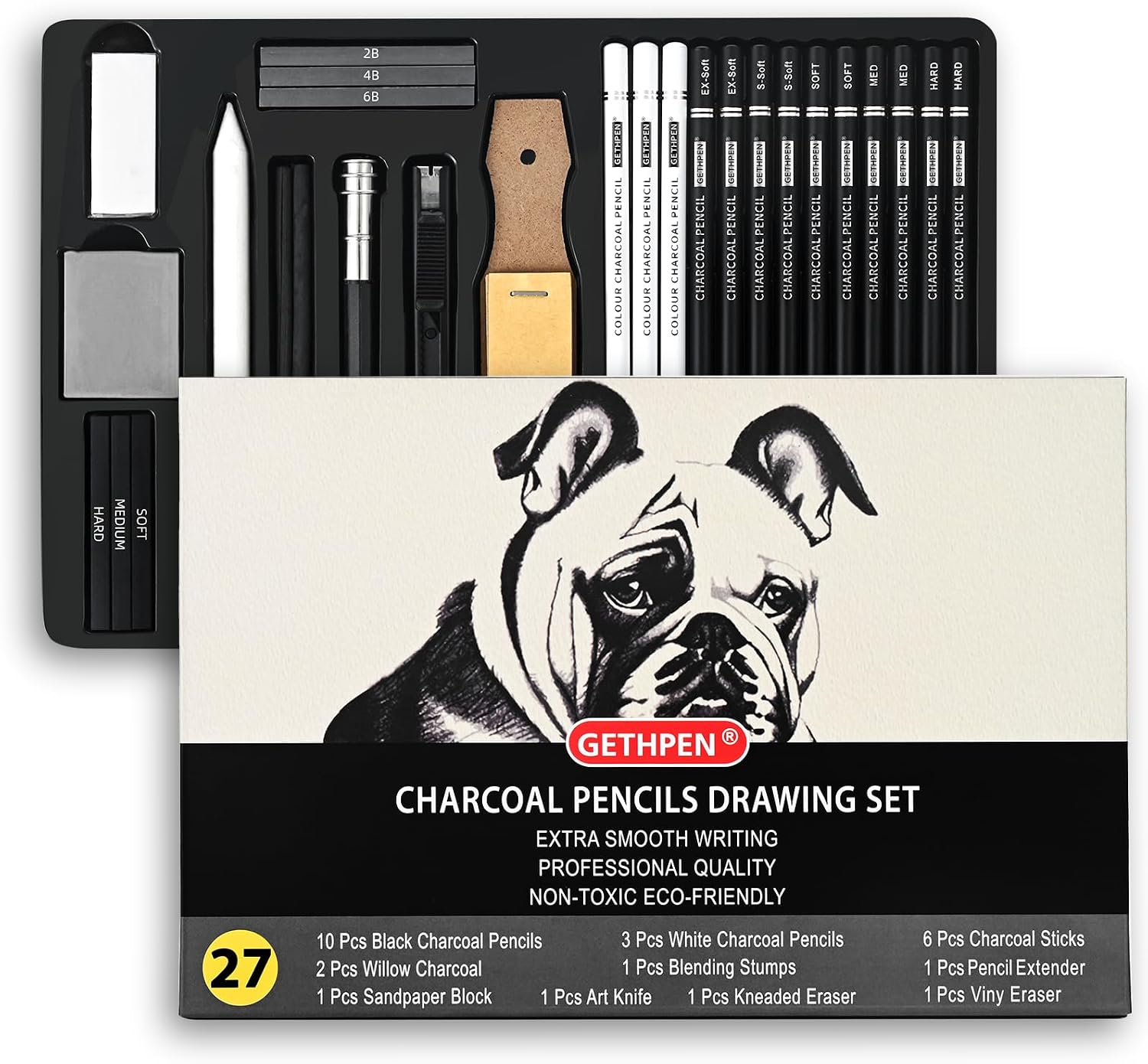 GETHPEN 27 Piece Charcoal Drawing Set - Professional Black & White Charcoal Pencils for Sketching, Shading & Blending, Graphite Sticks with Artist Art Supplies Kit (Beginners & Professionals)