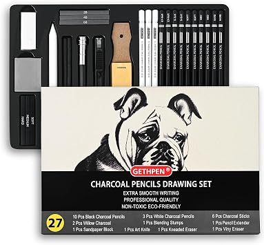GETHPEN 27 Piece Charcoal Drawing Set - Professional Black & White Charcoal Pencils for Sketching, Shading & Blending, Graphite Sticks with Artist Art Supplies Kit Beginners & Professionals