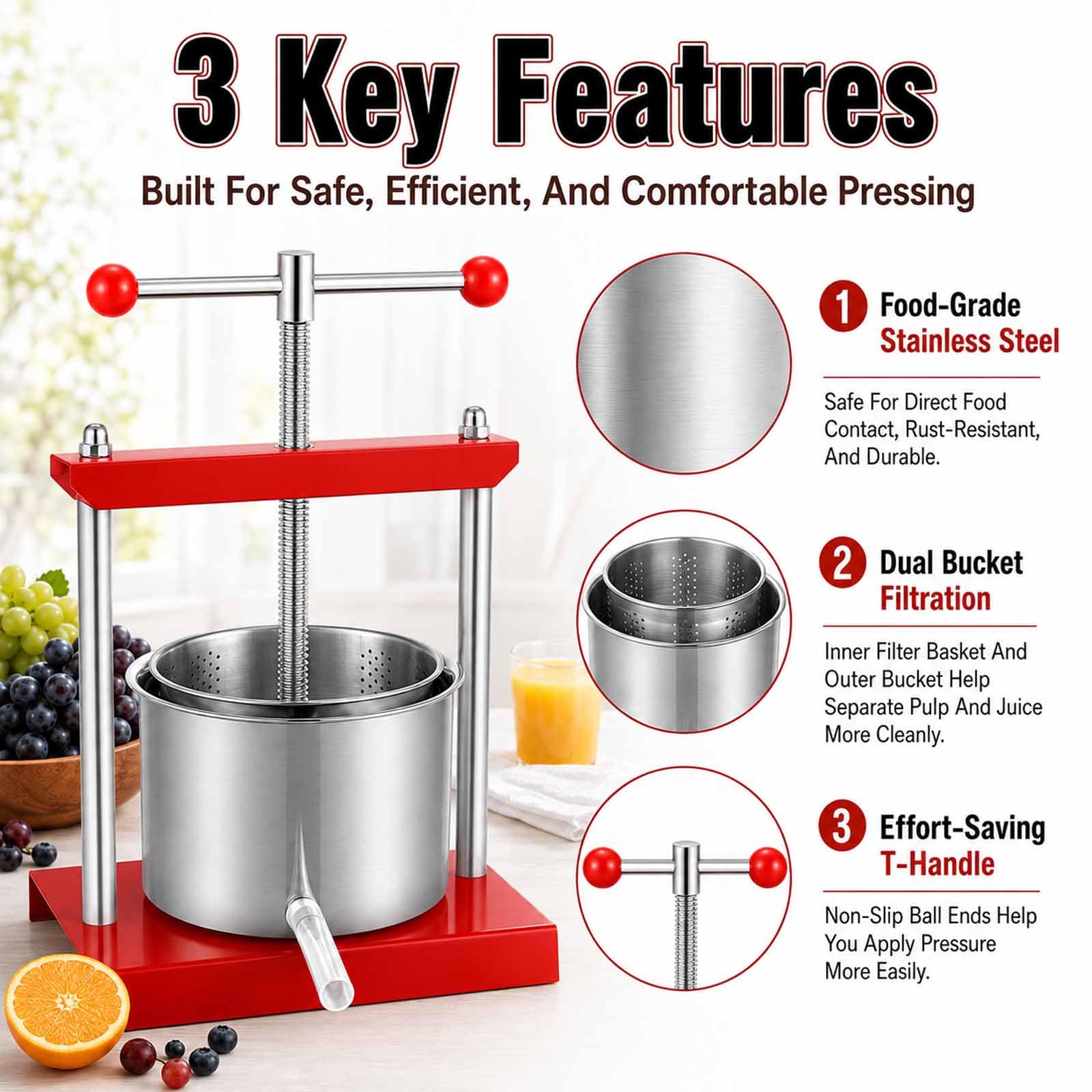 Prensa De Barriles De Acero Inoxidable, Prensa De Frutas De 2l/3l/5.5l, Mayor Rendimiento De Jugo Y Más Saludable, Prensado Manual Que Ahorra Esfuerzo Y Detalles De Base Alta Resistencia Null 3l