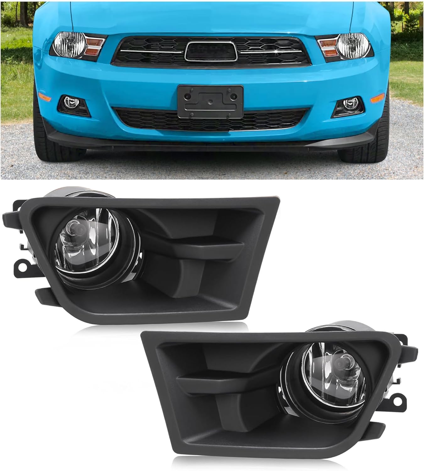 HECASA Pair Fog Light+Fog Light Bezel Compatible with 2010-2012 Ford Mustang Base V6 Replacement for FO1038138 FO1039138 FO2592217 4F9Z15200AA Bumper Driving Fog Lamps Black Cover Trim Clear Lens