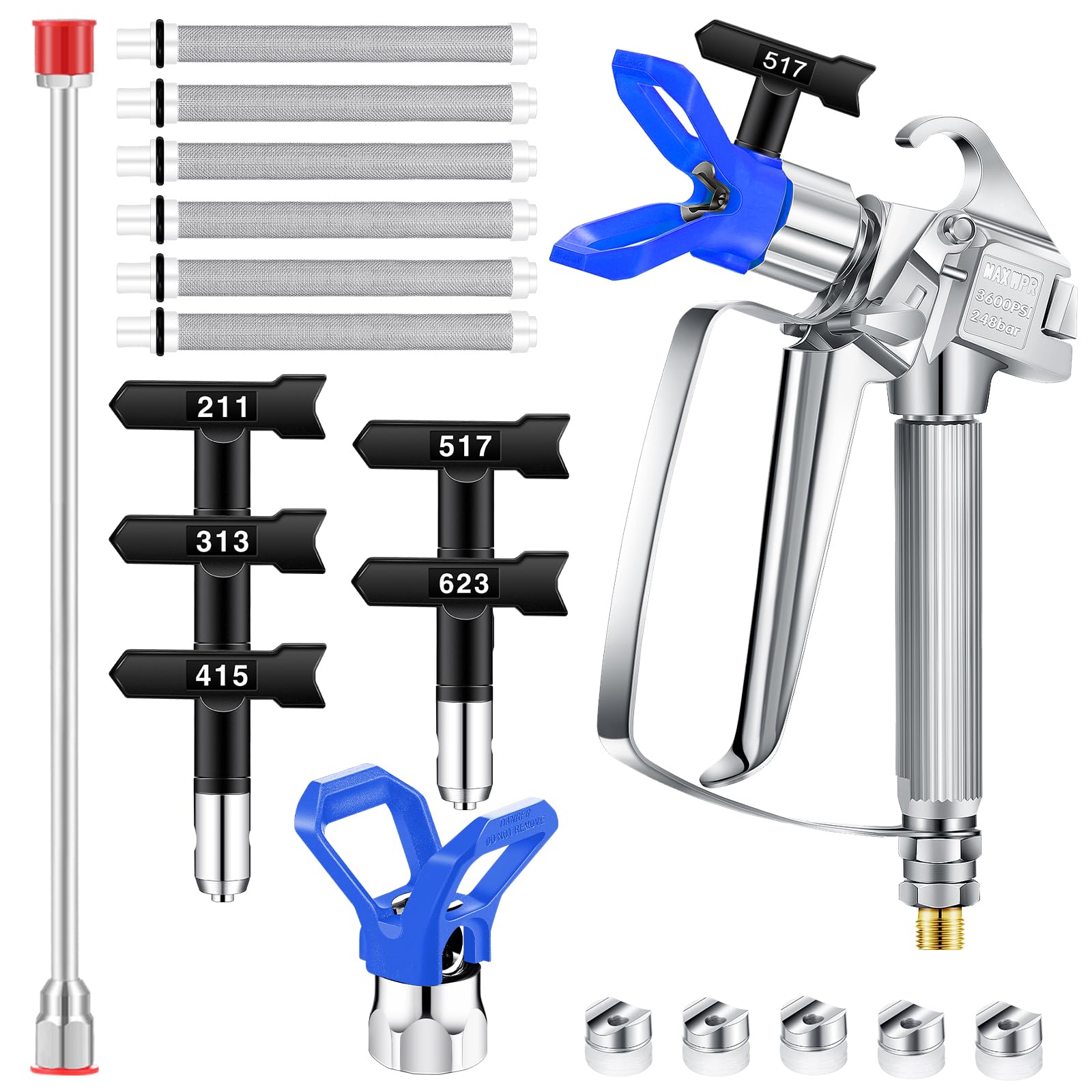 LEIFIDE 14 Pcs Airless Paint Kit Include1 Spray Gun 5 Reversible Nozzles 1 Hand Tight Tip Guard 6 Airless Spray Gun Mesh Filters 1 Head Extension for Airless Spraying Machine Paint Accessories
