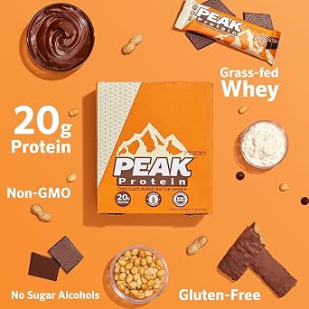 PEAK PROTEIN BARS Grass-Fed Whey 20G Protein Gluten Free Chocolate Peanut Butter Crunch 2.2 oz (Pack of 12)