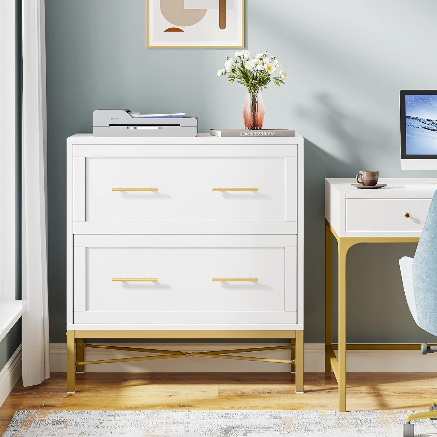 LITTLE TREE Modern 2 Drawer File Cabinet, Large Storage Cabinets Printer Stand for Home Office, White