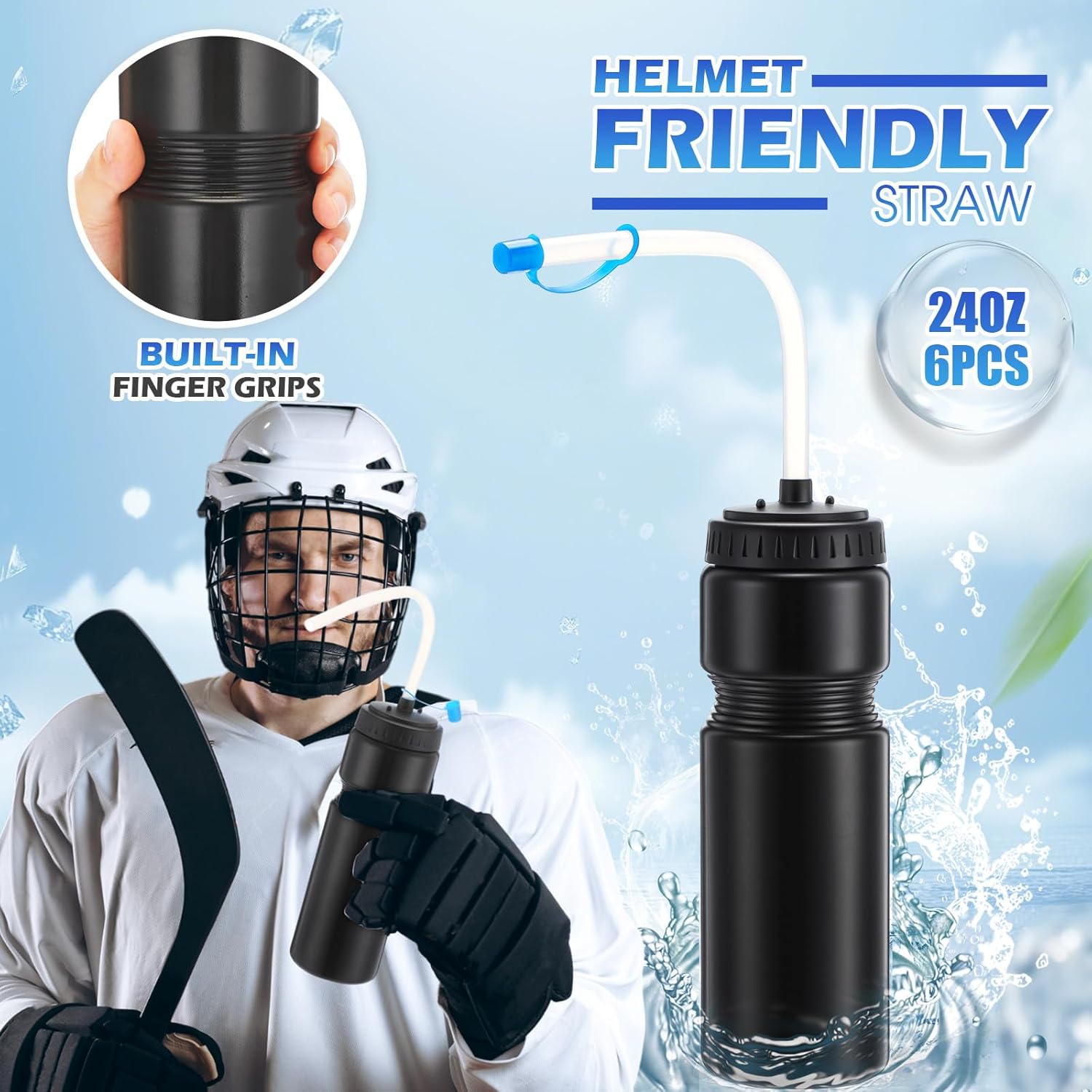 6 Pack Hockey Water Bottles Bulk Lacrosse Football Cycling Plastic Squeeze Bottle with Straw for Sports Baseball Gym Yoga Team Outdoor Use Sport Helmet in(Black)