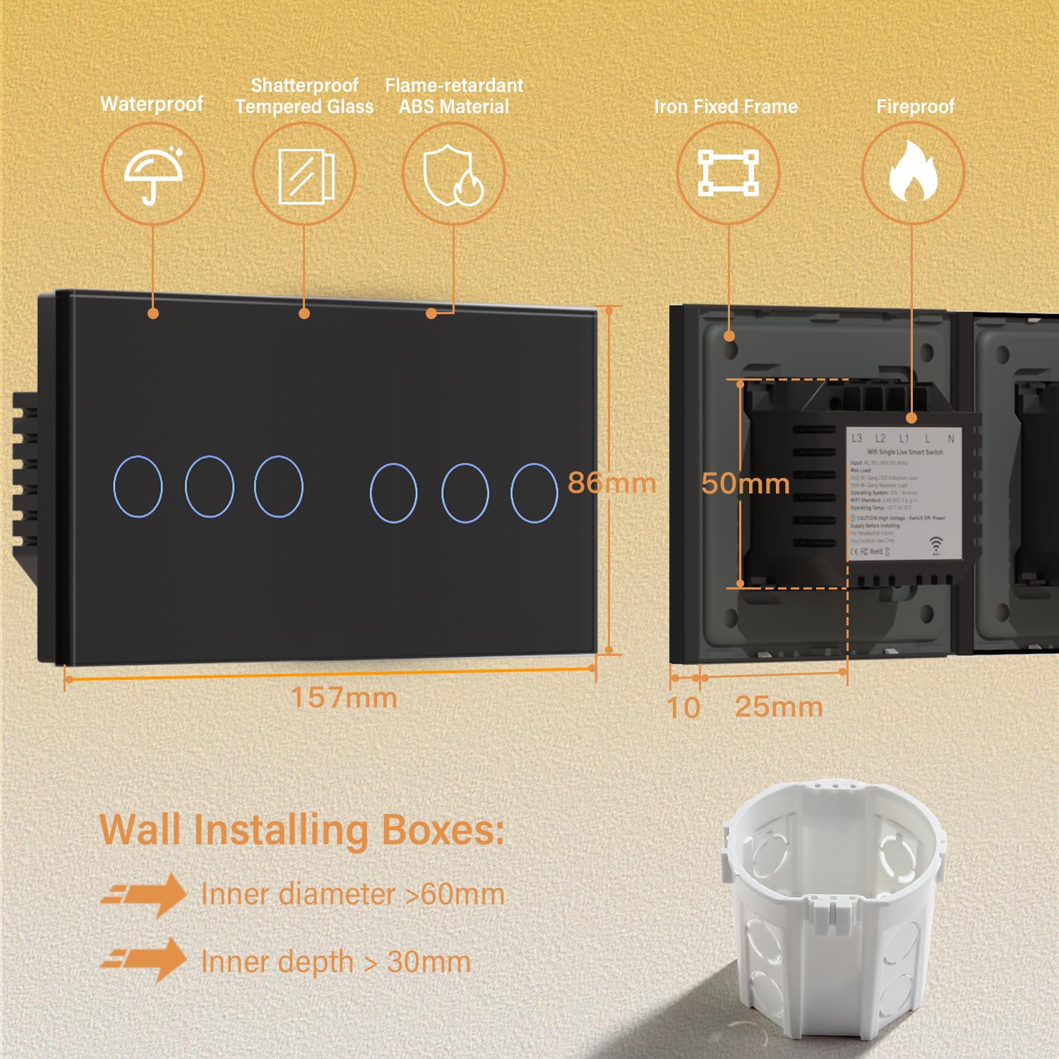 BSEED Smart Alexa, interruttore della luce da parete, 157 mm, doppio singolo, live WiFi, interruttore neutro, non necessario, 3 vie, vetro compatibile Tuya, nero